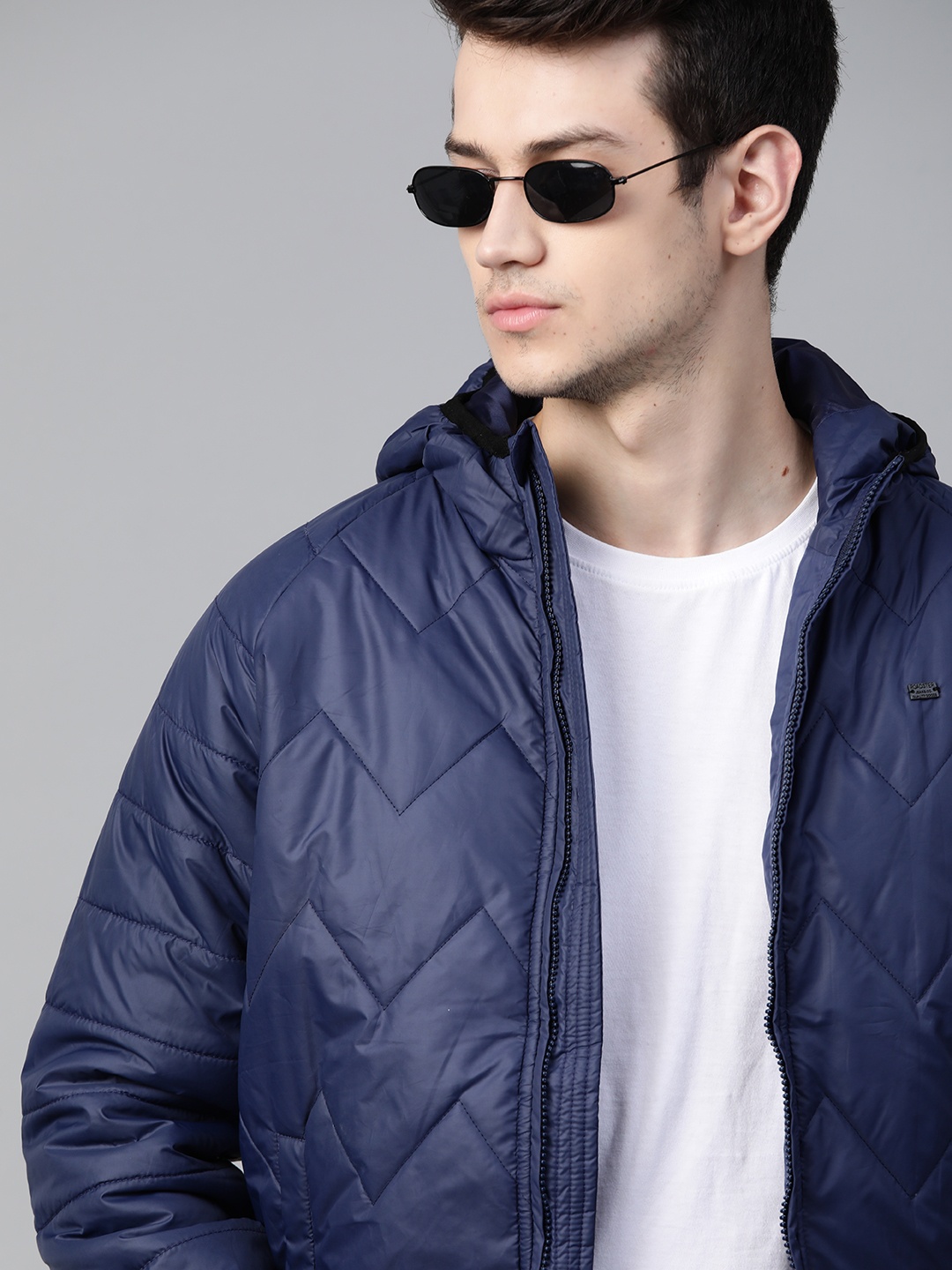 

Roadster Men Navy Blue Solid Padded Hooded Jacket