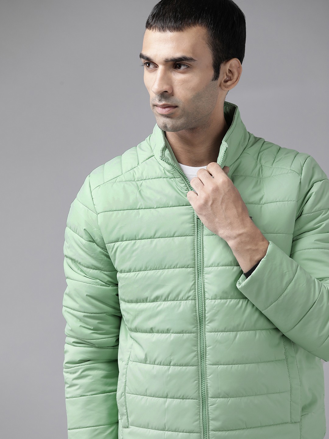 

Roadster Men Green Solid Padded Jacket