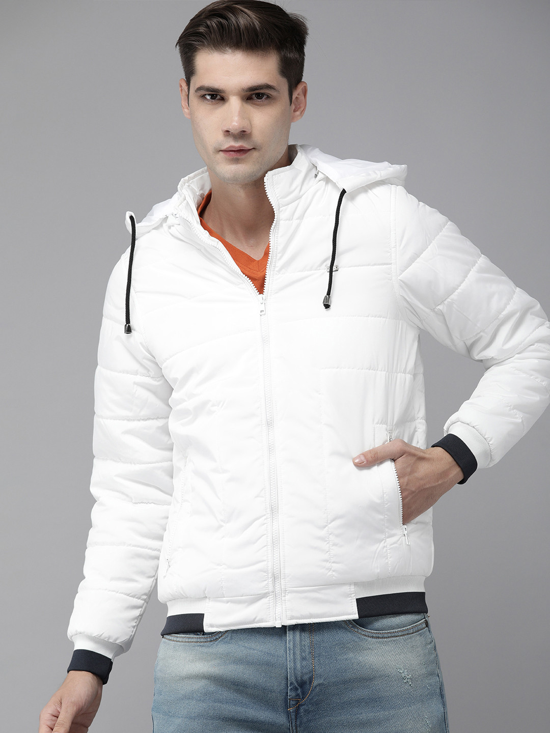 

Roadster Men White Padded Jacket With Detachable Hood