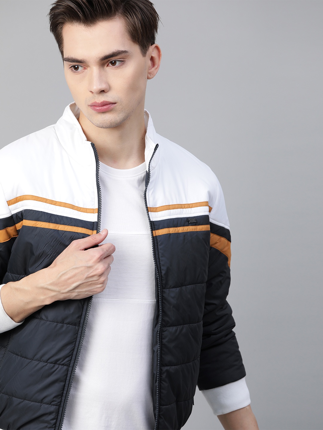 

Roadster Men Navy Blue & White Colourblocked Padded Jacket