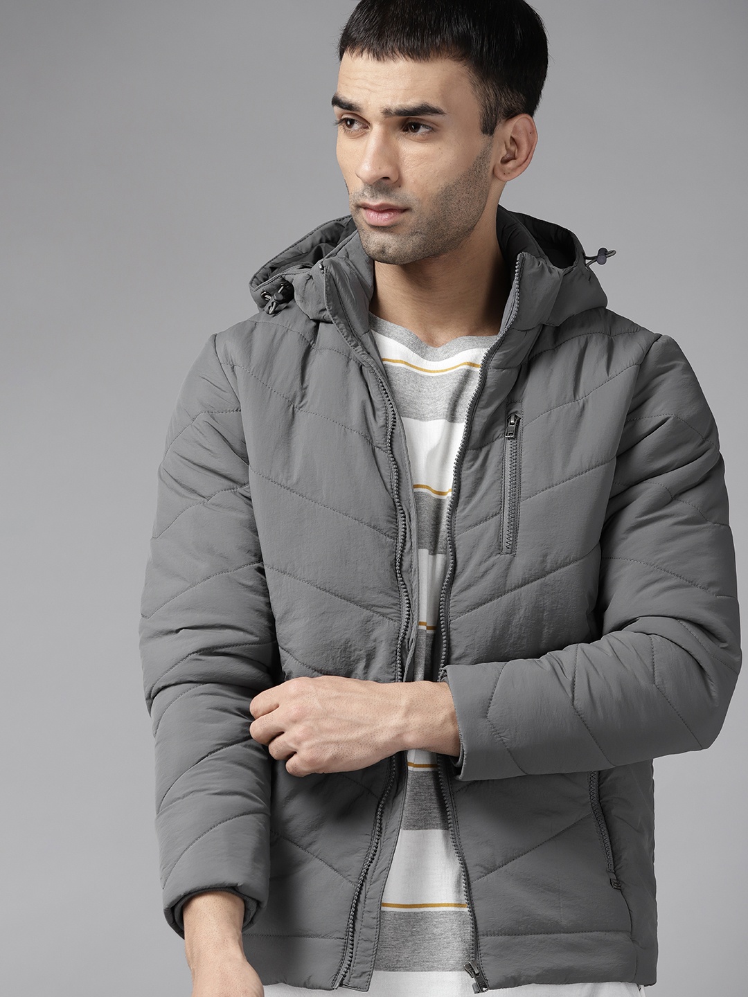 

Roadster Men Grey Solid Padded Jacket