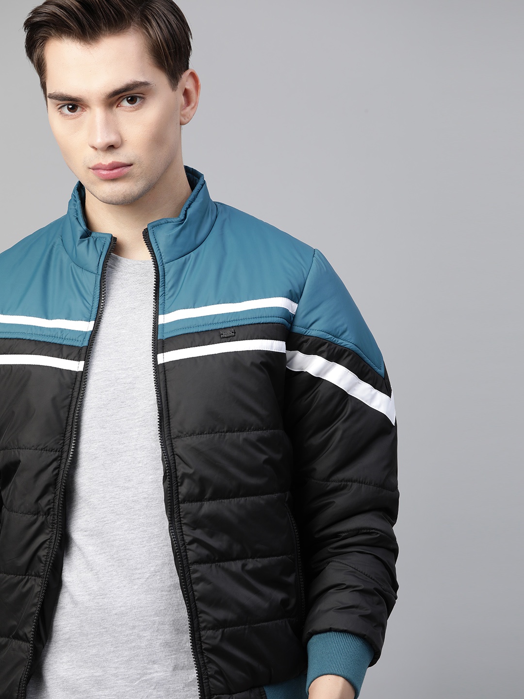 

Roadster Men Teal Blue & Black Colourblocked Bomber Jacket