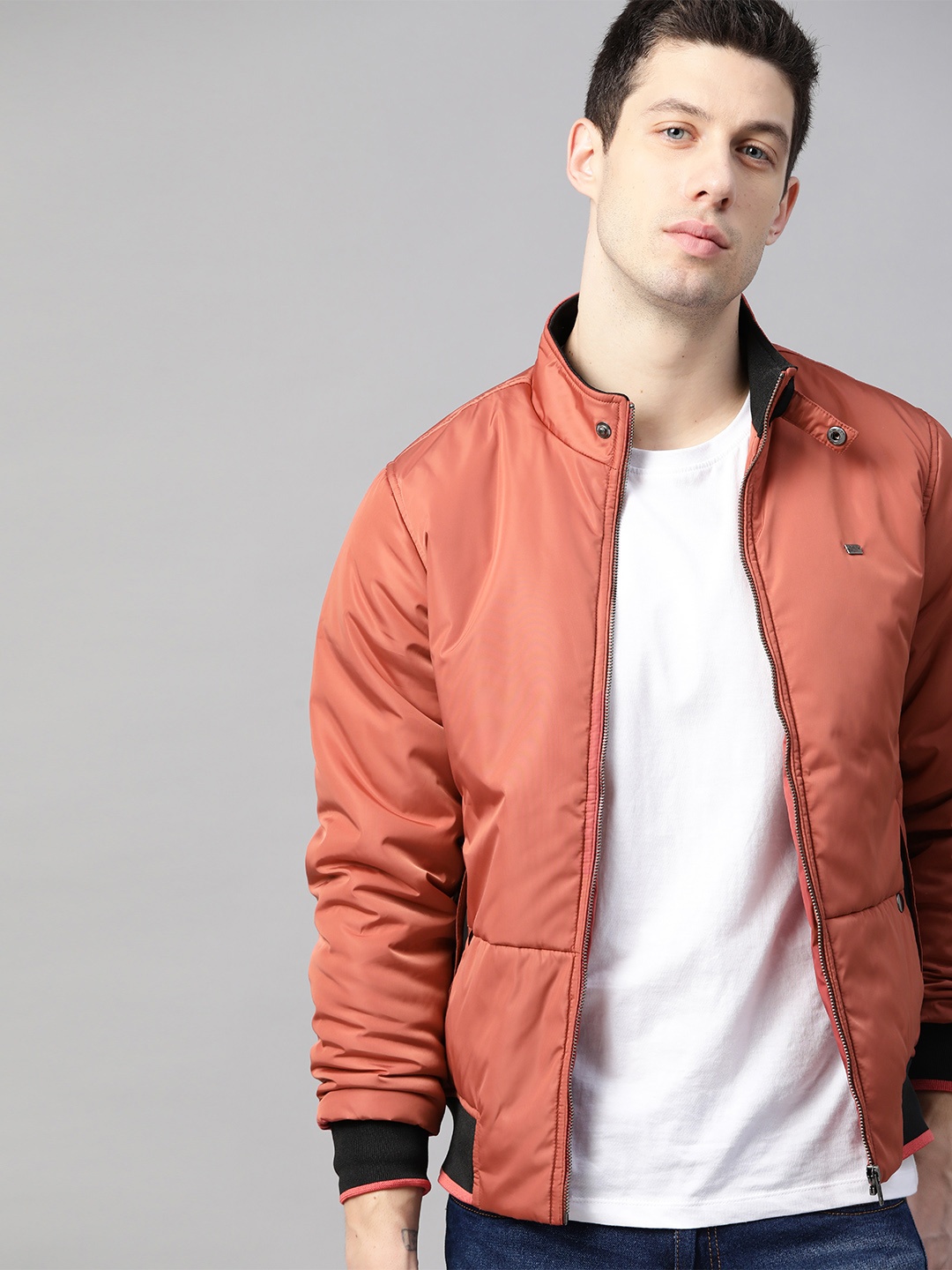 

Roadster Men Rust Orange Solid Bomber Jacket
