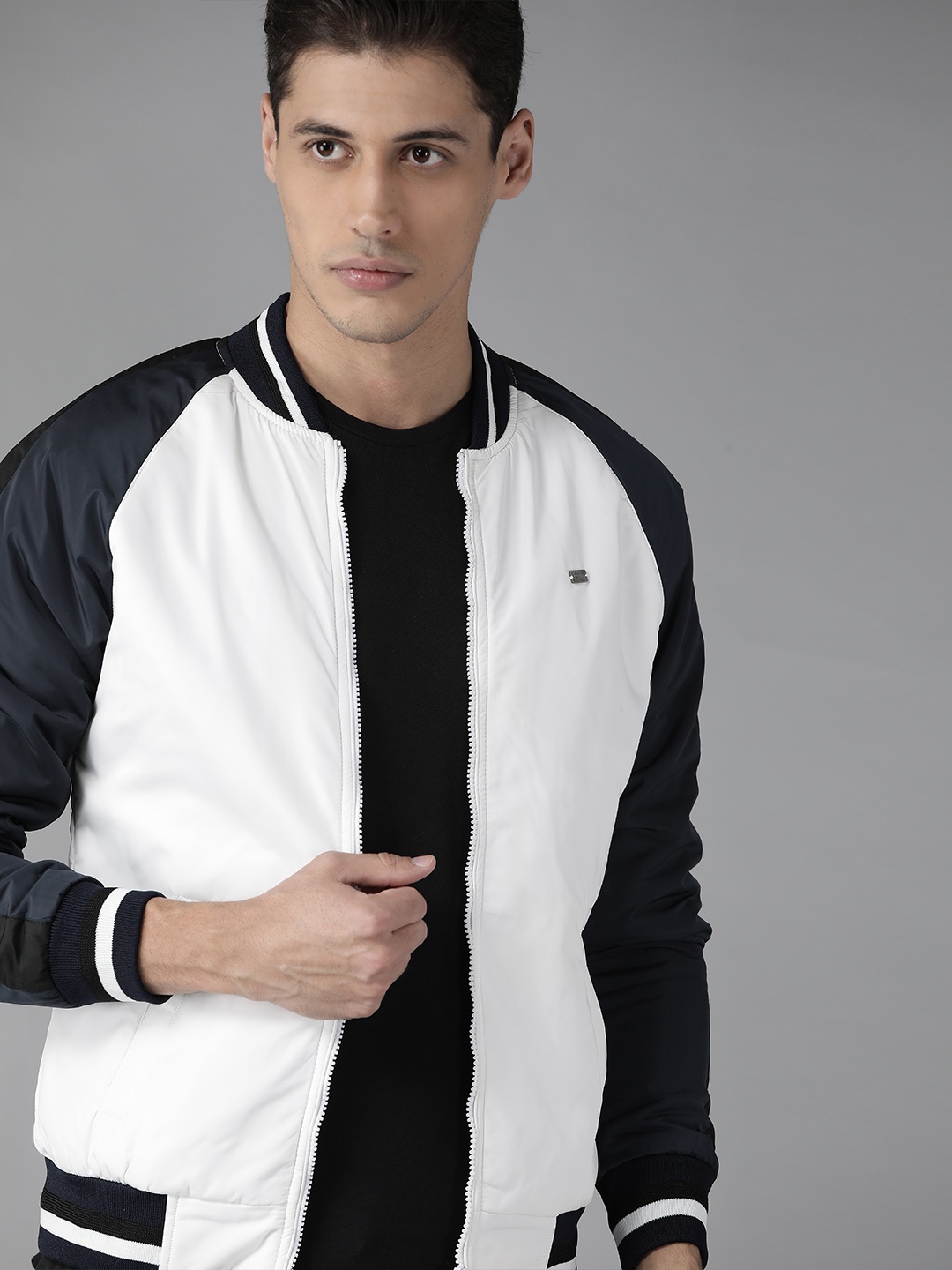 

Roadster Men White & Navy Blue Solid Sporty Jacket