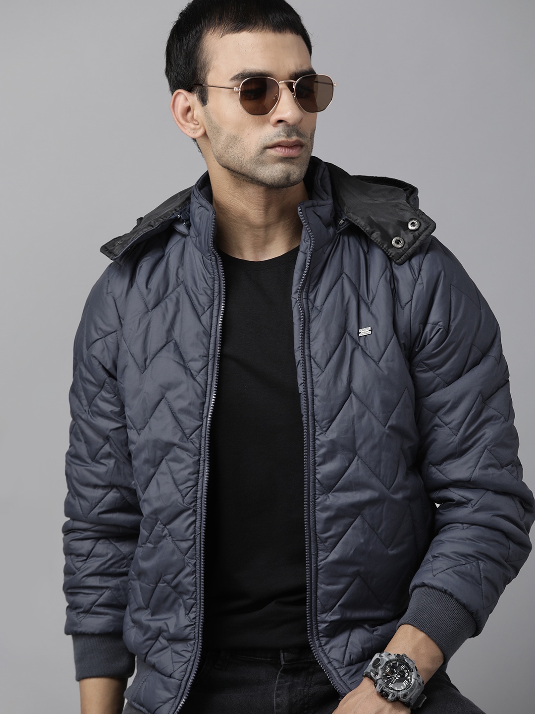 

Roadster Men Navy Blue Padded Jacket with Detachable Hood
