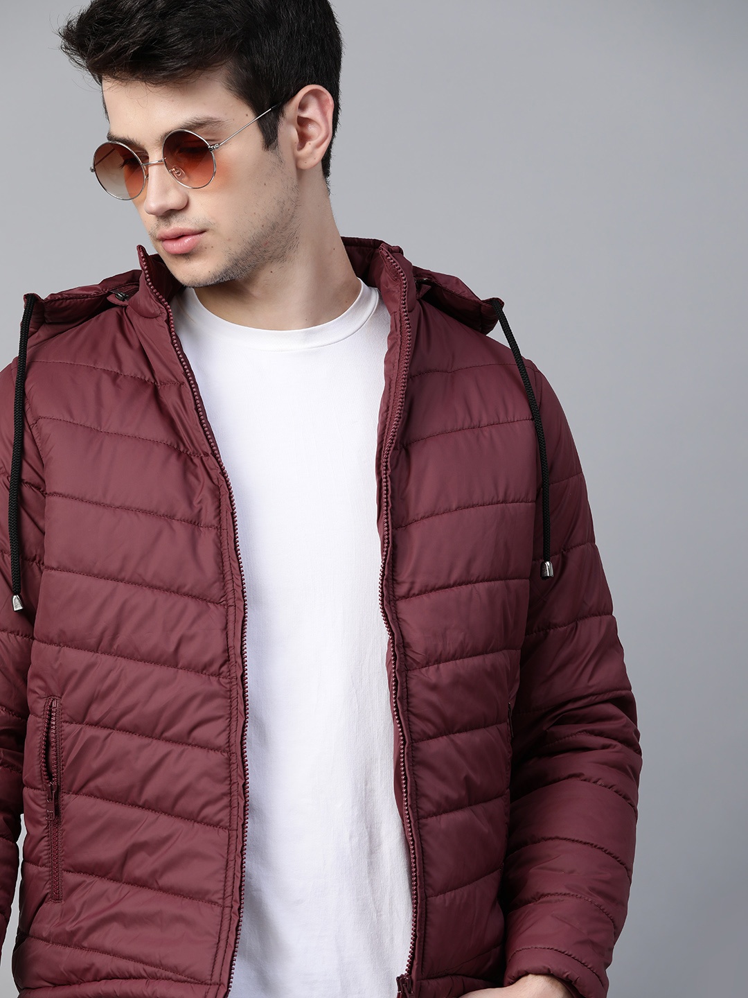 

Roadster Men Burgundy Solid Detachable Hooded Padded Jacket