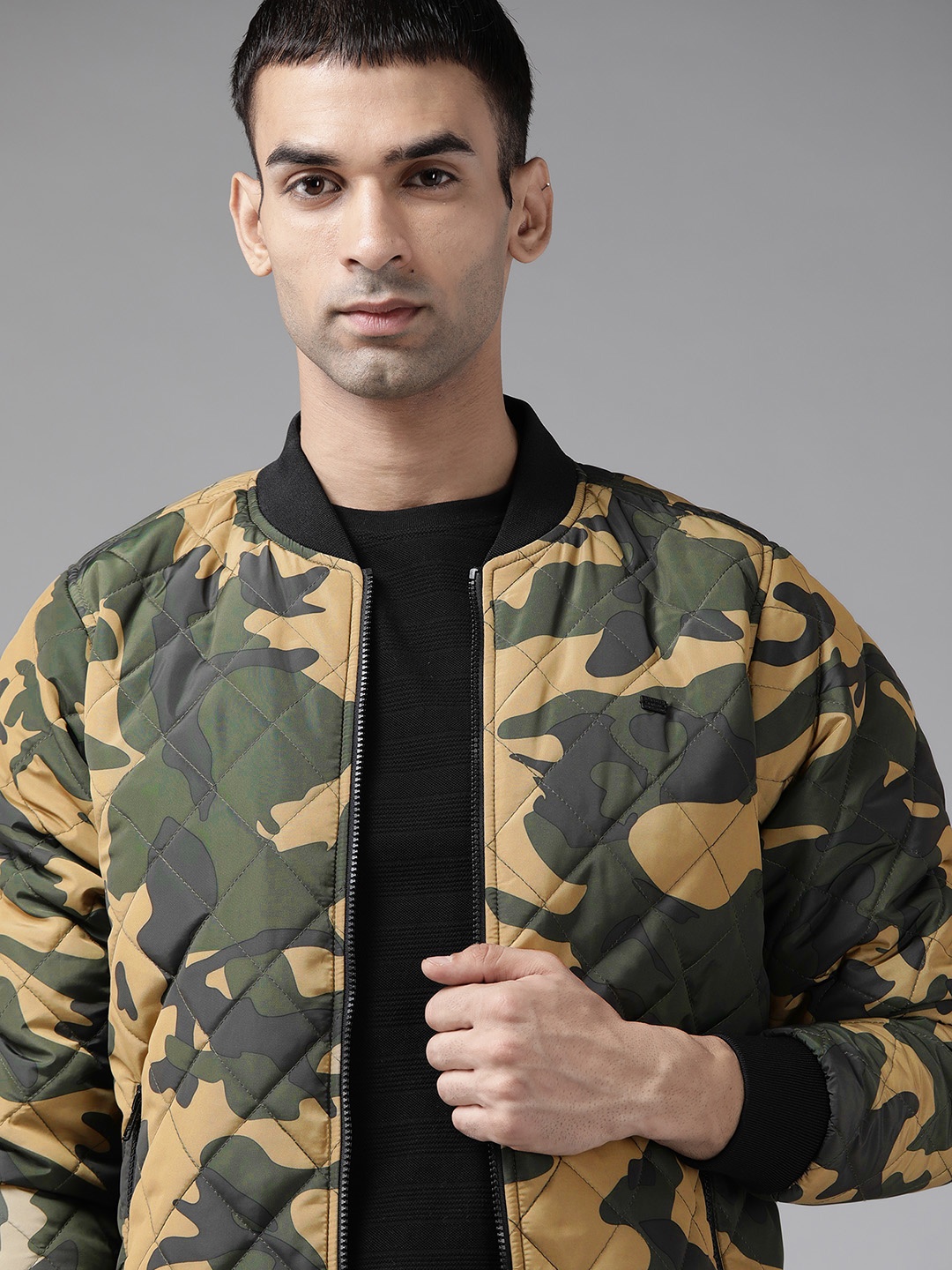 

Roadster Men Olive Green & Khaki Camouflage Bomber Jacket