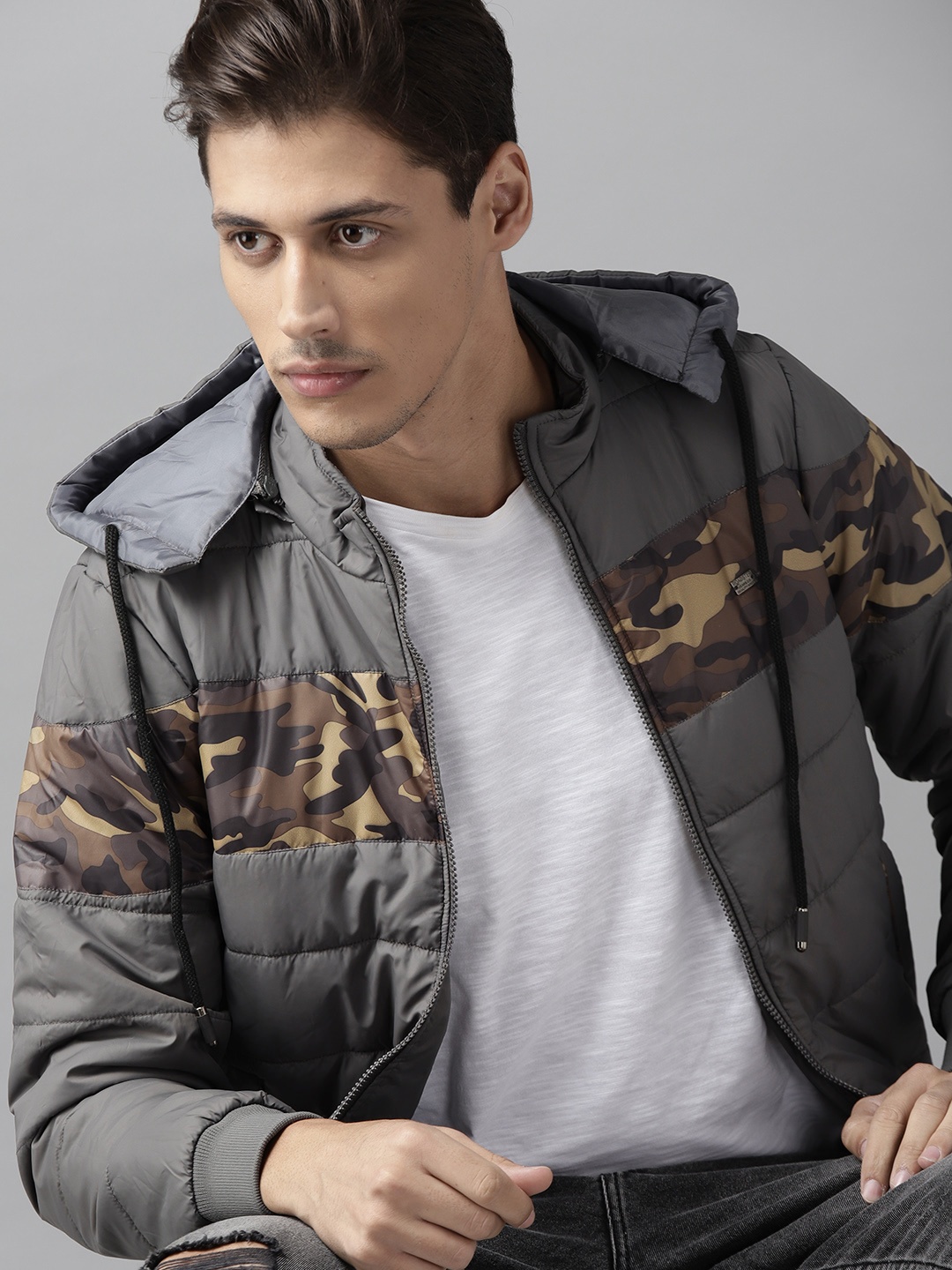 

Roadster Men Grey Hooded Bomber Jacket