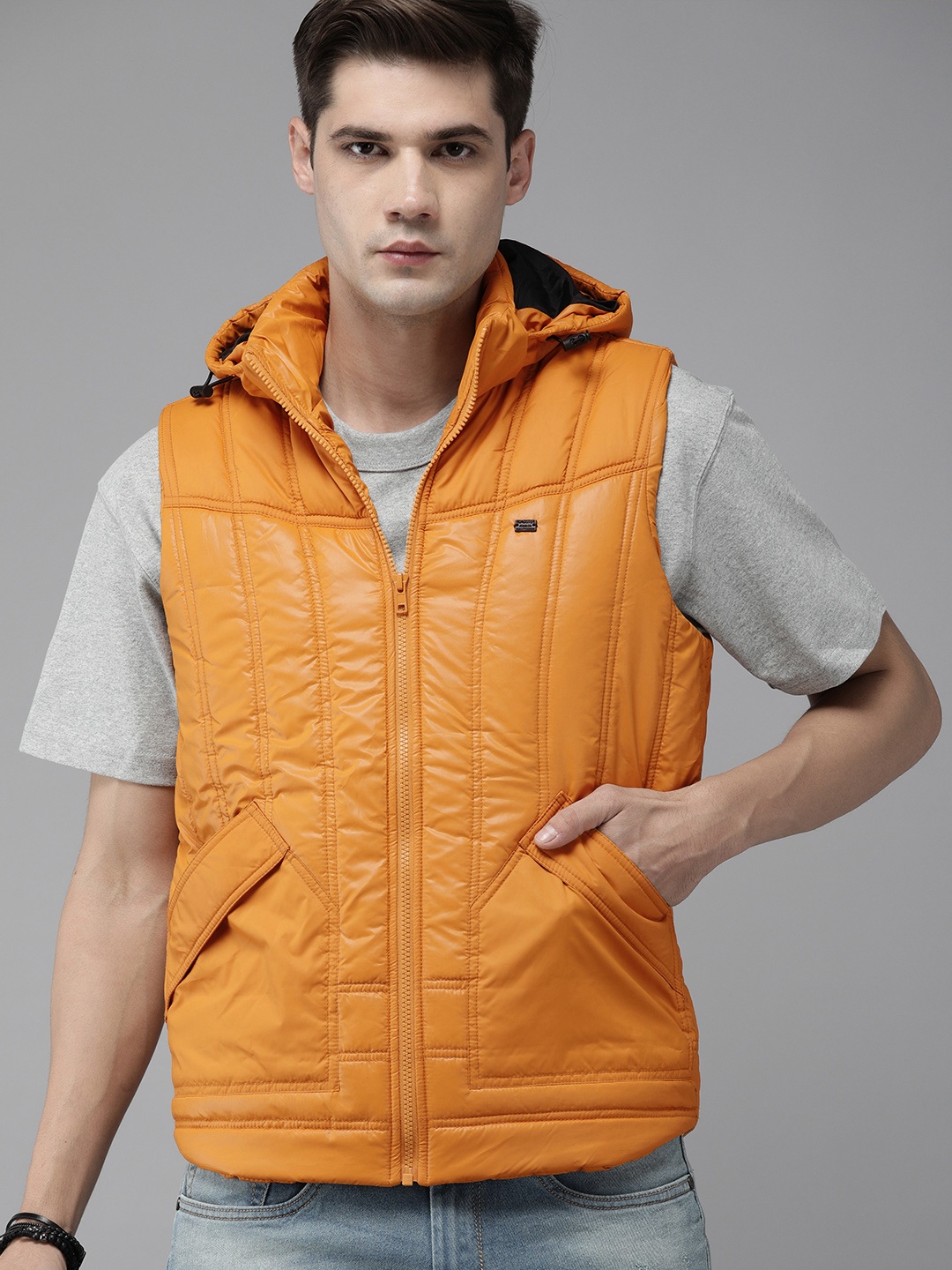 

Roadster Men Mustard Yellow Padded Jacket With Detachable Hood