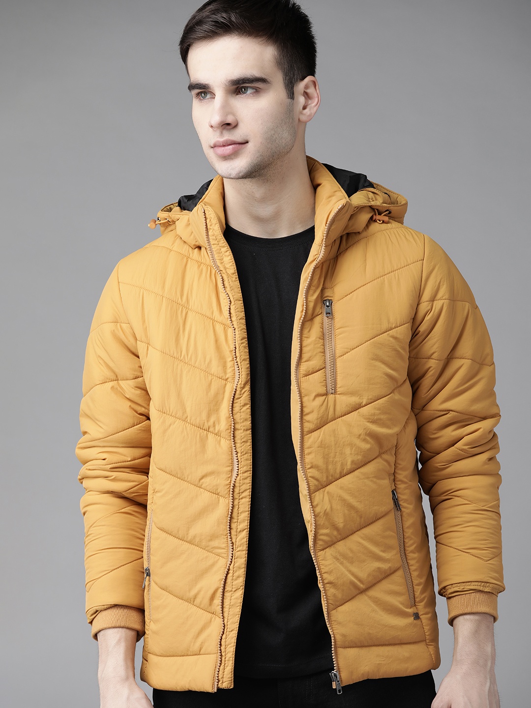 

Roadster Men Mustard Yellow Solid Detachable Hood Padded Jacket