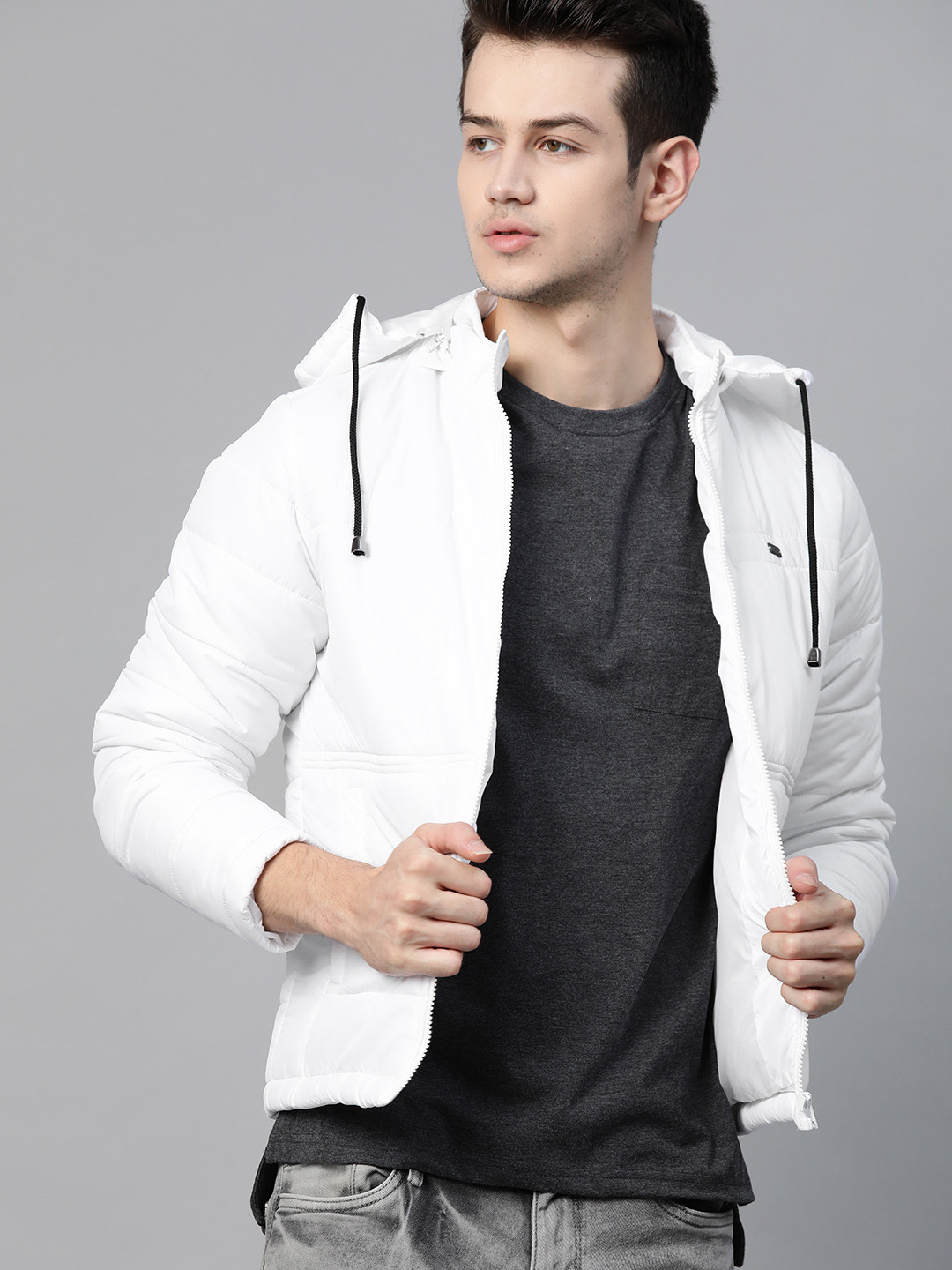 

Roadster Men White Solid Detachable Hooded Quilted Jacket