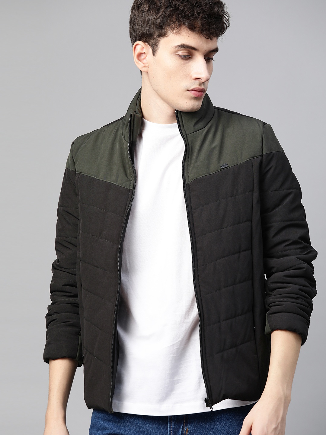 

Roadster Men Olive Green & Black Colourblocked Padded Jacket