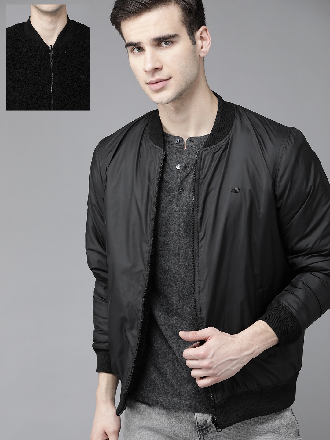 

Roadster Men Black Reversible Sherpa Solid Bomber Jacket