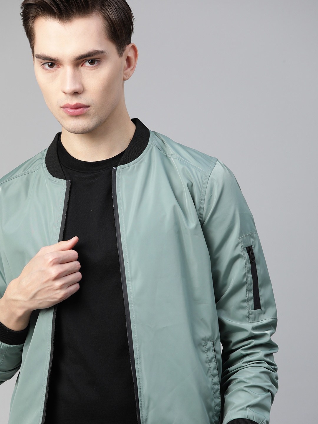 

Roadster Men Green Solid Bomber Jacket