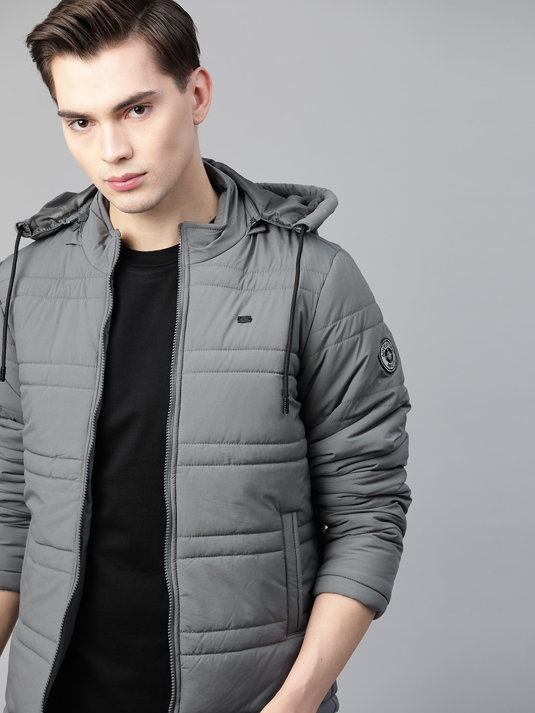 

Roadster Men Grey Solid Padded Hooded Jacket