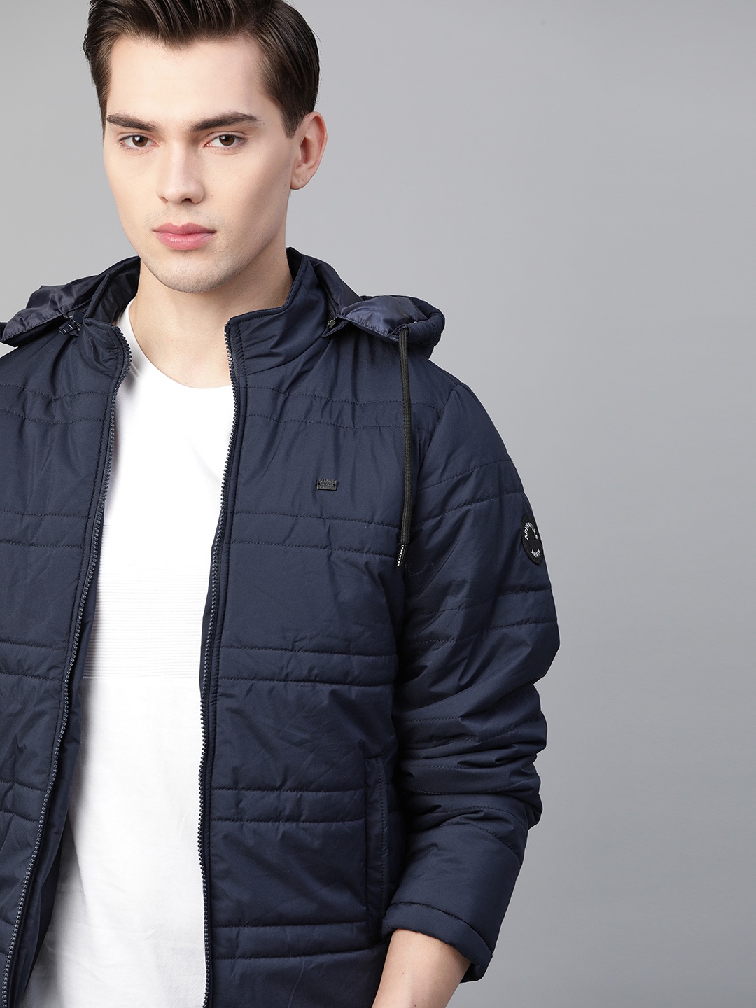 

Roadster Men Navy Blue Padded Jacket with Detachable Hood