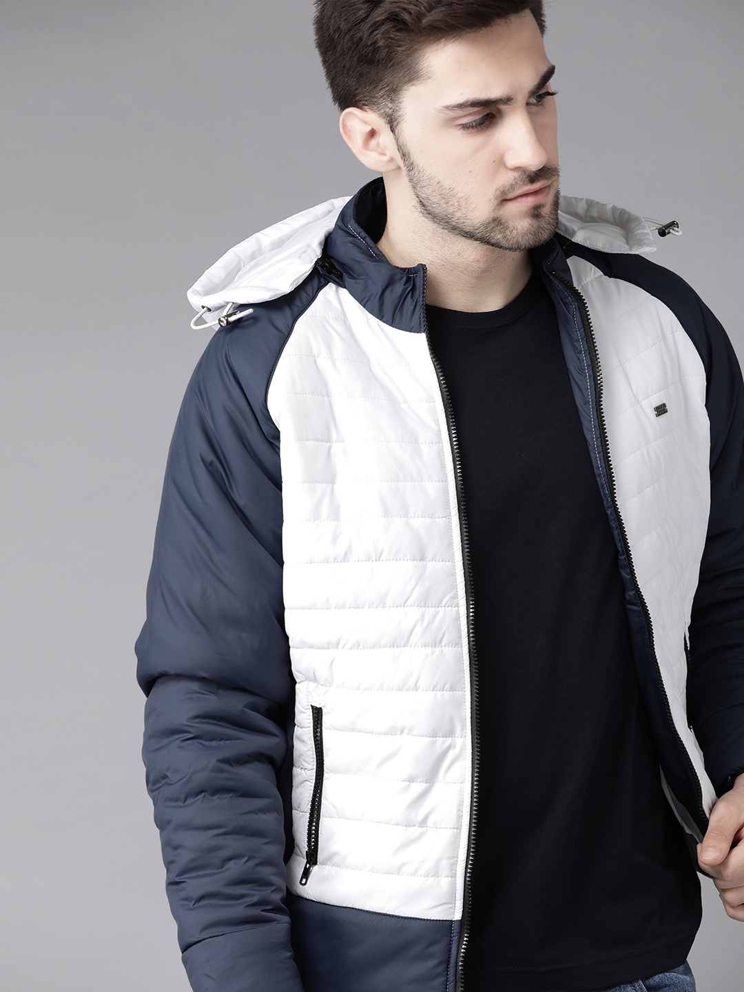 

Roadster Men White & Navy Blue Solid Padded Jacket with Detachable Hood