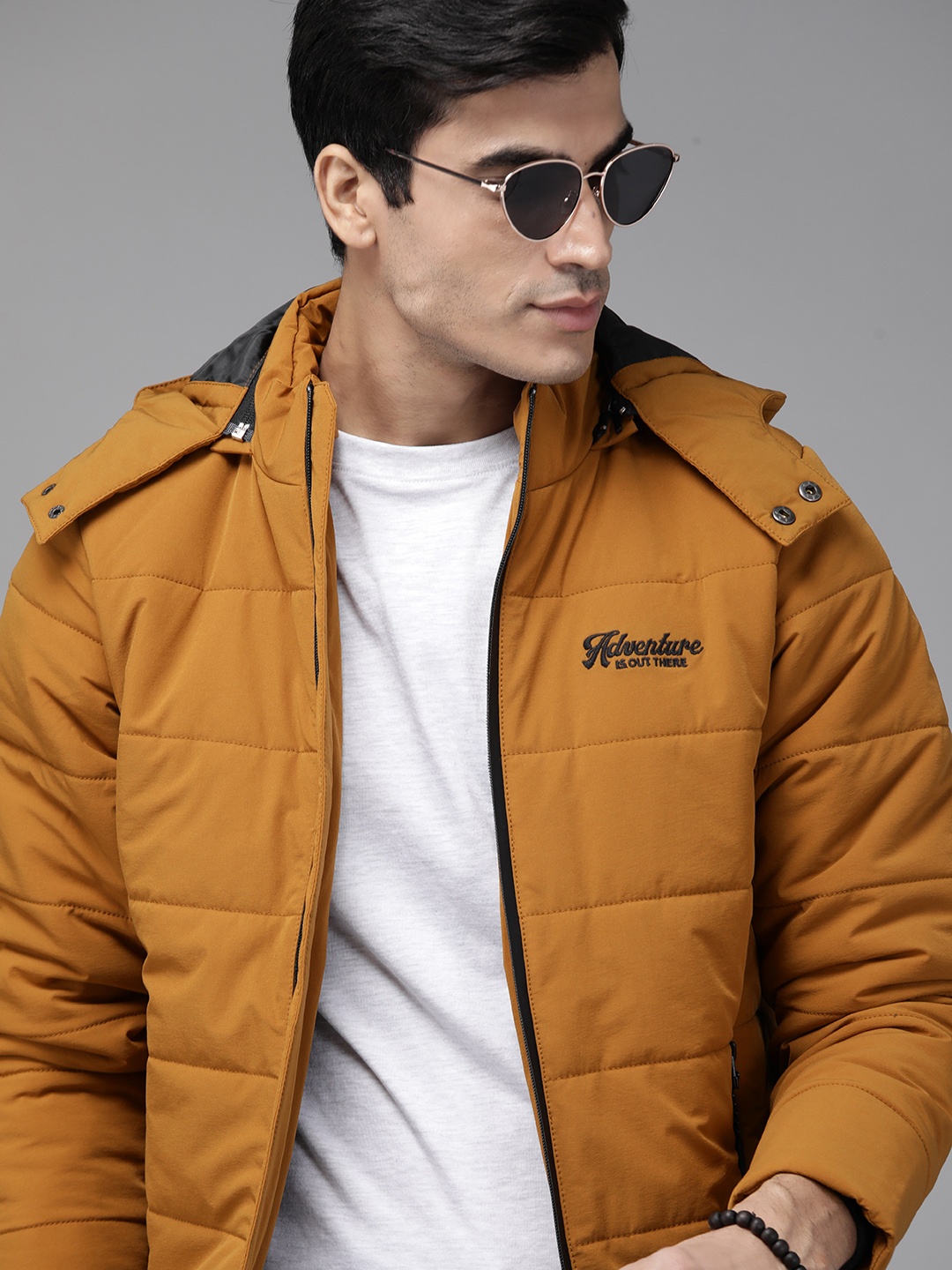 

Roadster Men Mustard Brown Solid Padded Jacket with Detachable Hood