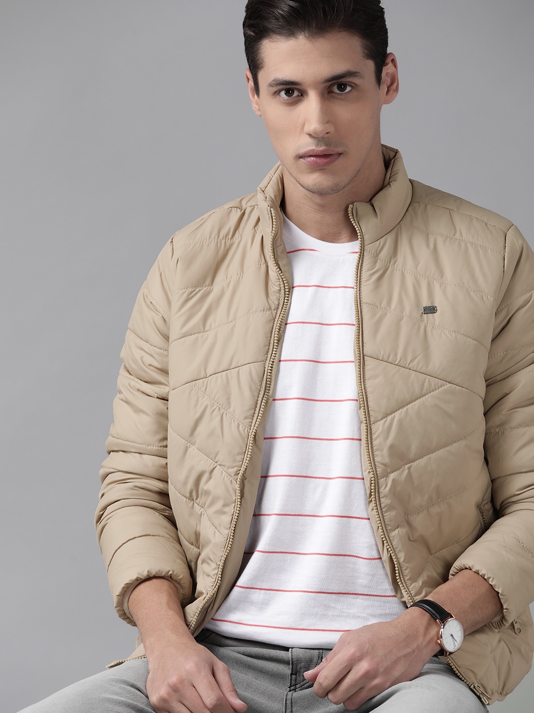 

Roadster Men Beige Solid Padded Jacket