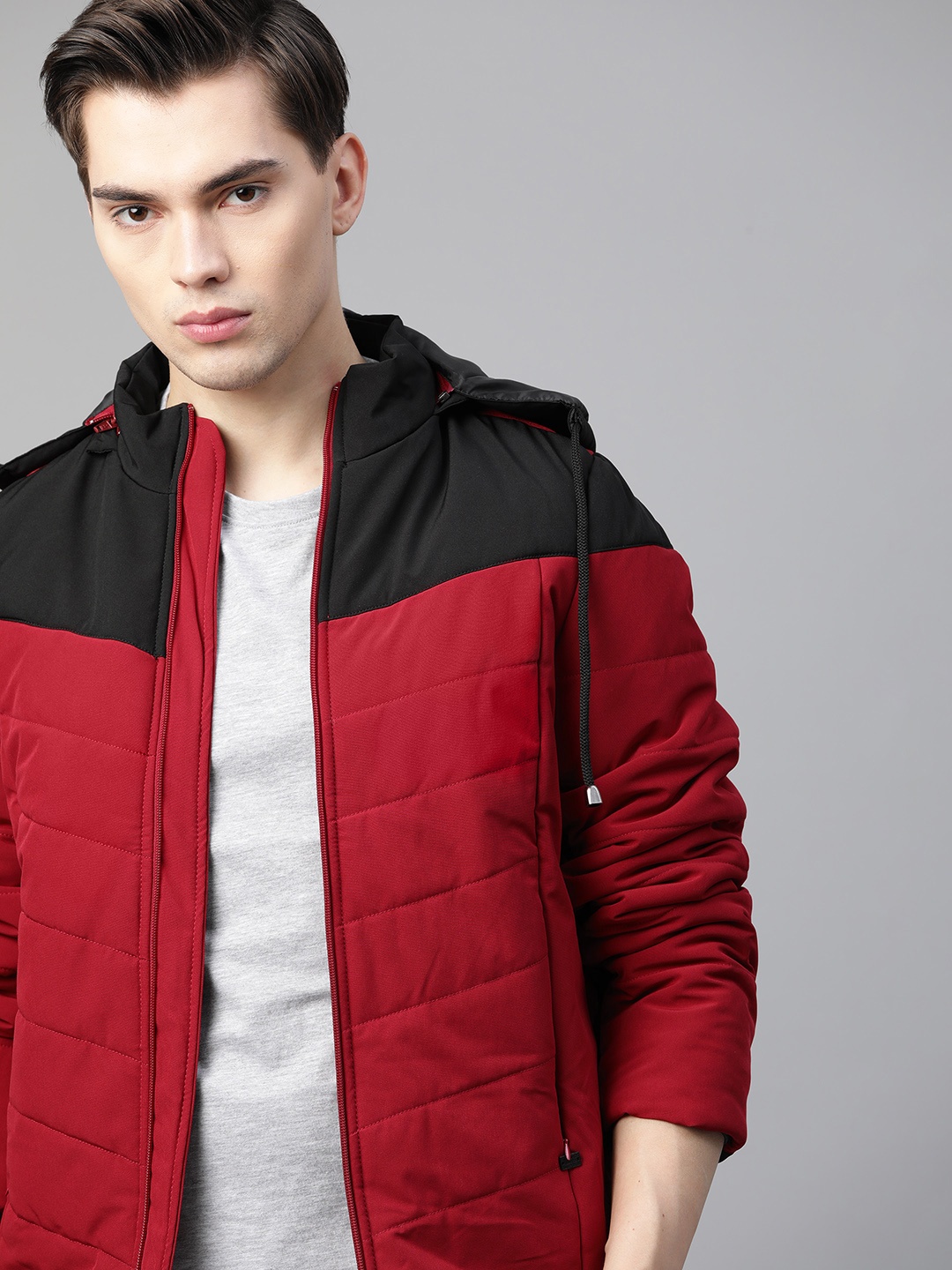 

Roadster Men Red & Black Colourblocked Padded Jacket with Detachable Hood