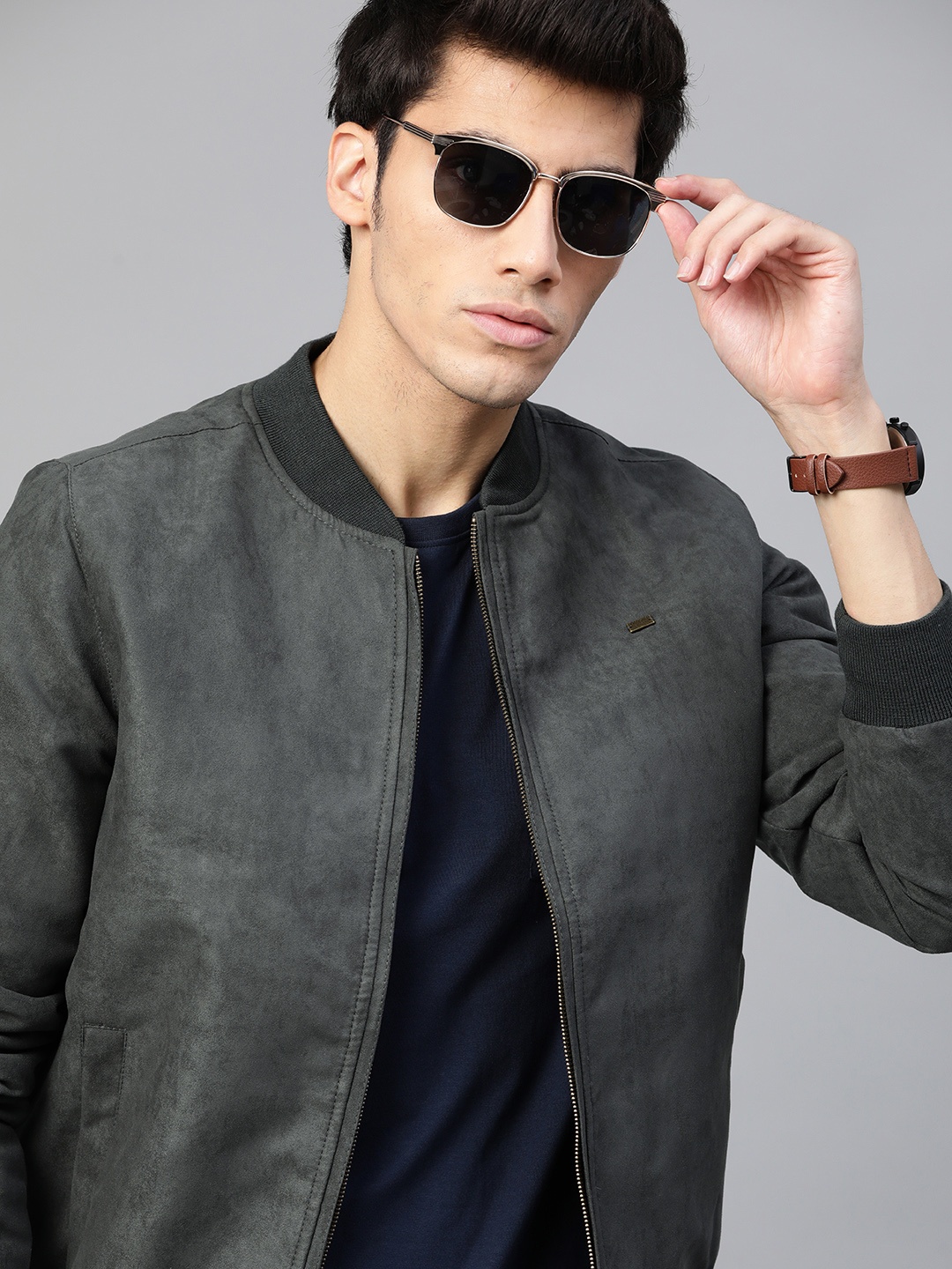 

Roadster Men Charcoal Grey Solid Bomber Jacket