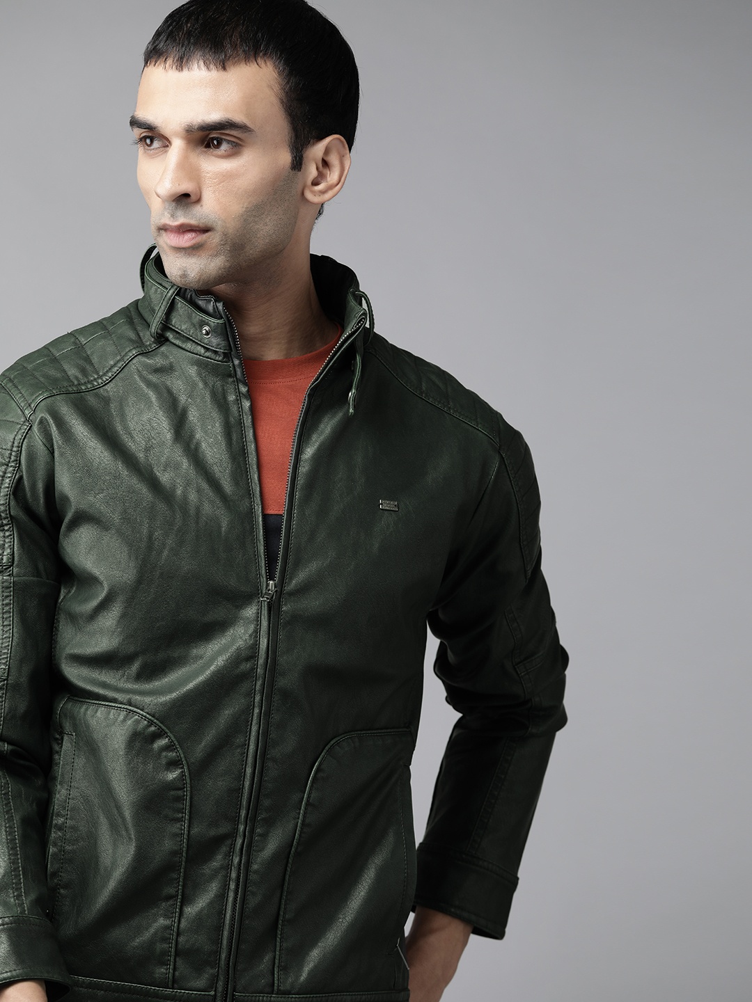 

Roadster Men Green Solid Biker Jacket