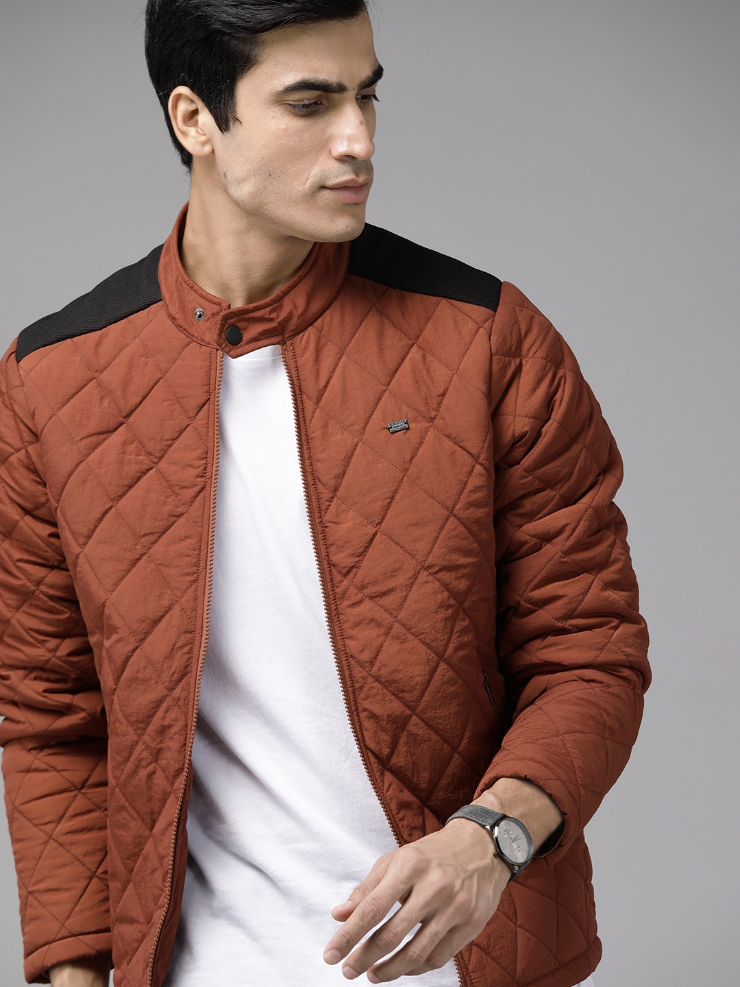 

Roadster Men Rust Brown Checked Puffer Jacket