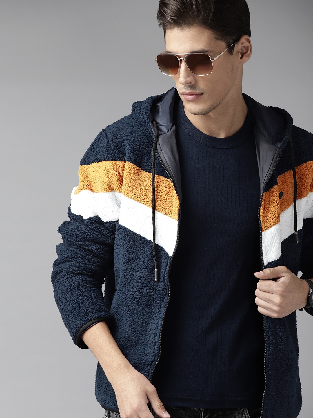 

Roadster Men Navy Blue & White Striped Tailored Sherpa Hooded Jacket