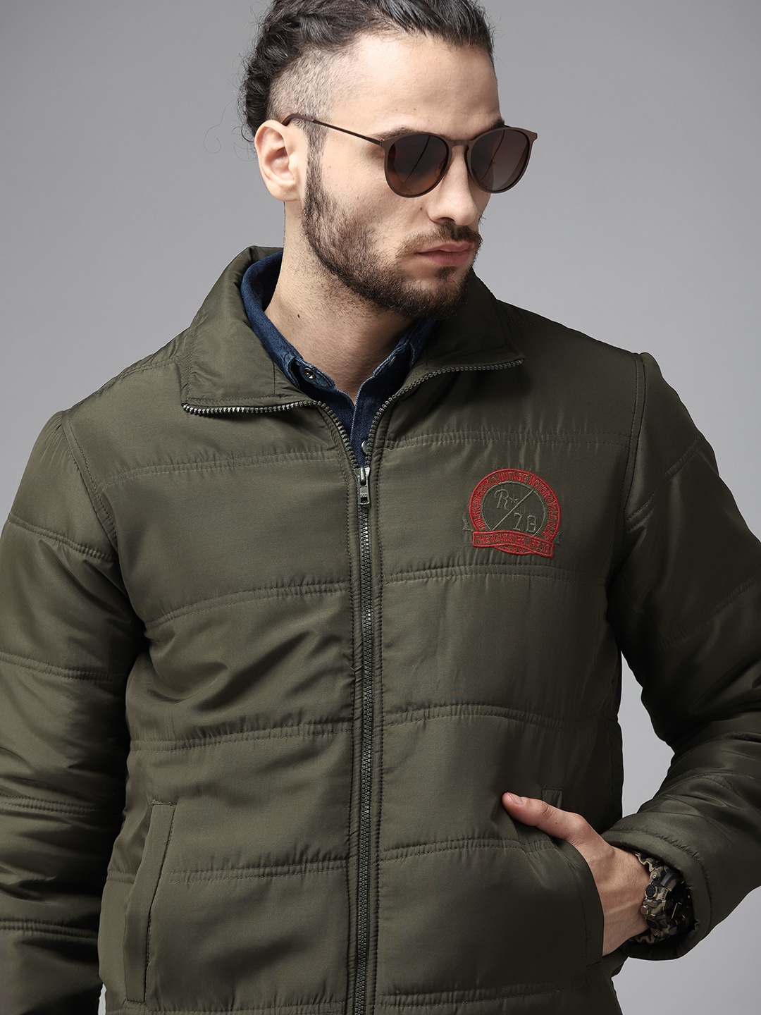 

Roadster Men Olive Green Padded Jacket with Embroidered