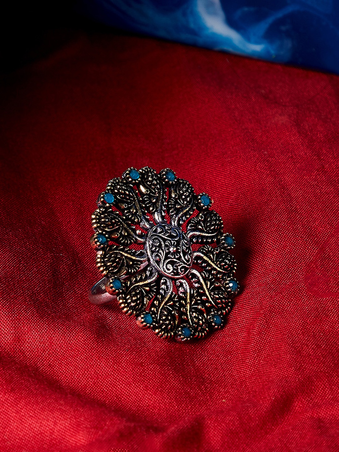 

PANASH Oxidised Silver-Plated Gold-Toned Stone-Studded Finger Ring