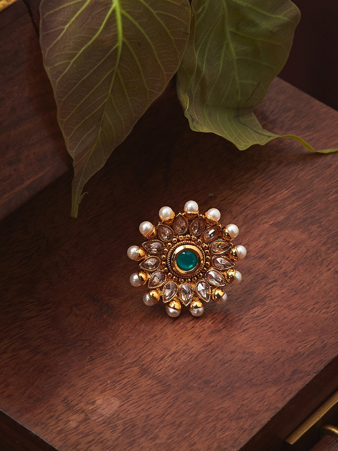 

PANASH Gold-Plated Green & White Stone-Studded Pearl Embellished Handcrafted Adjustable Finger Ring