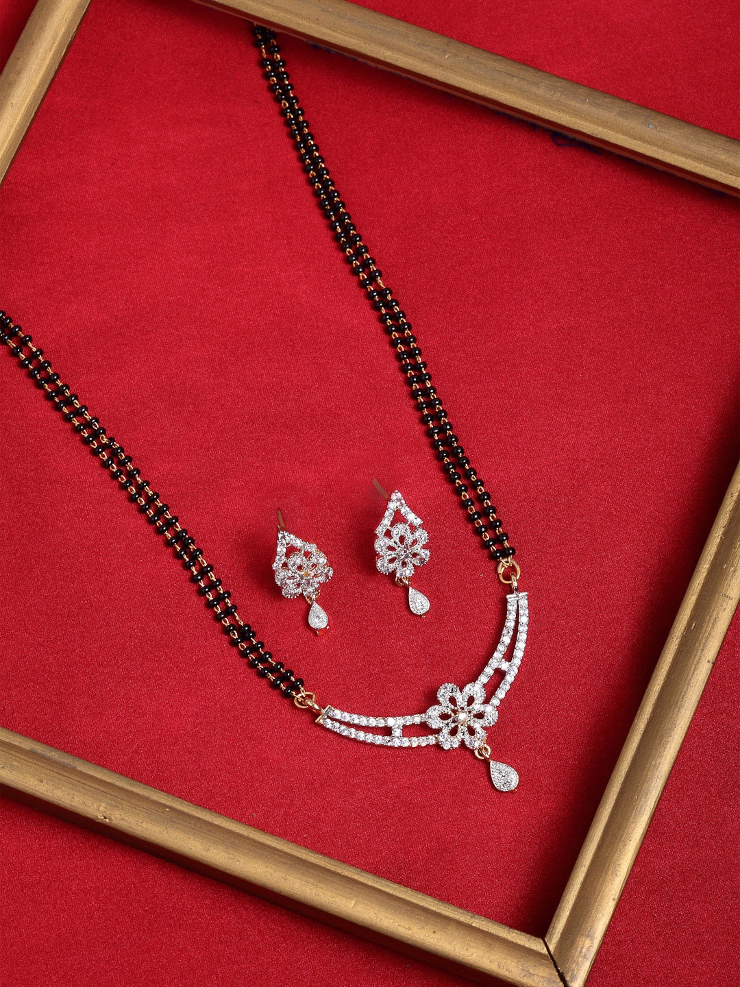 

PANASH Gold-Plated Stone-Studded Solitaire Mangalsutra Earrings Set