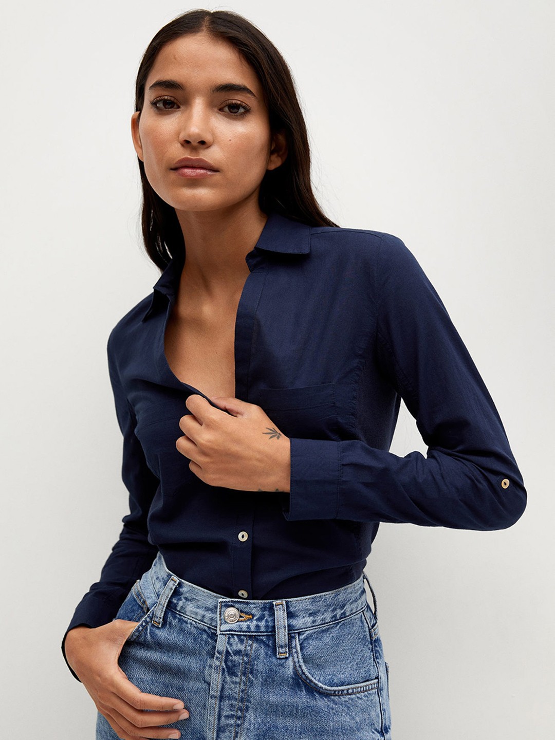 

MANGO Women Navy Blue Slim Fit Solid Casual Shirt