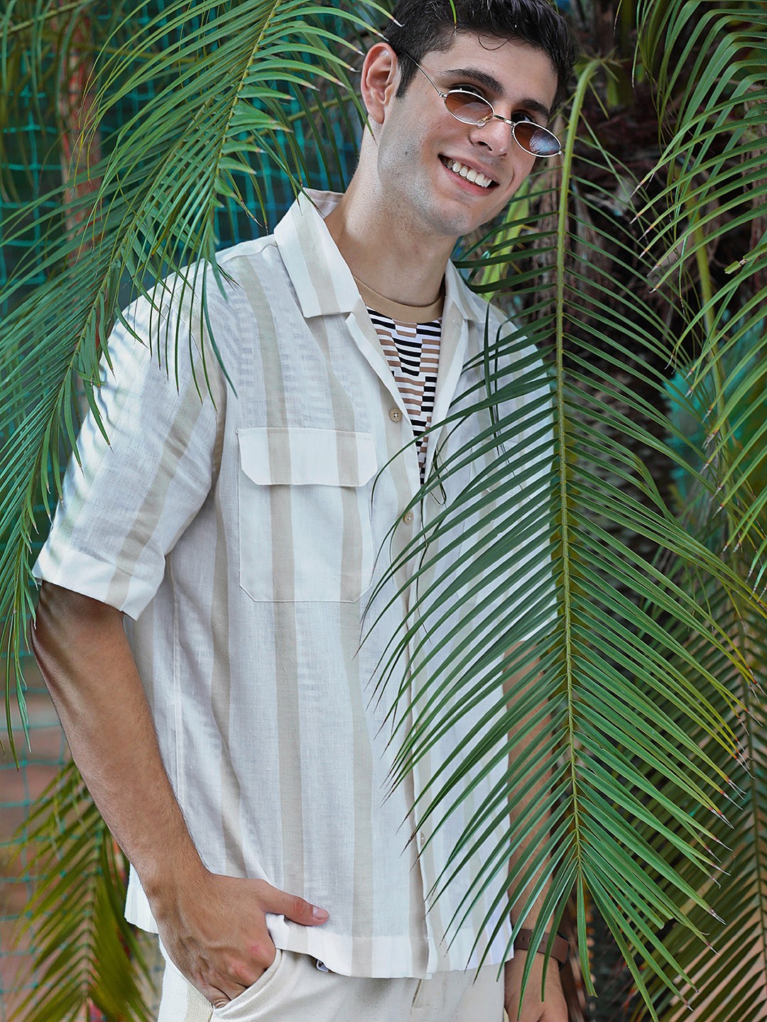 

MANGO MAN Off-White & Beige Sustainable Linen Cotton Regular Fit Striped Casual Shirt