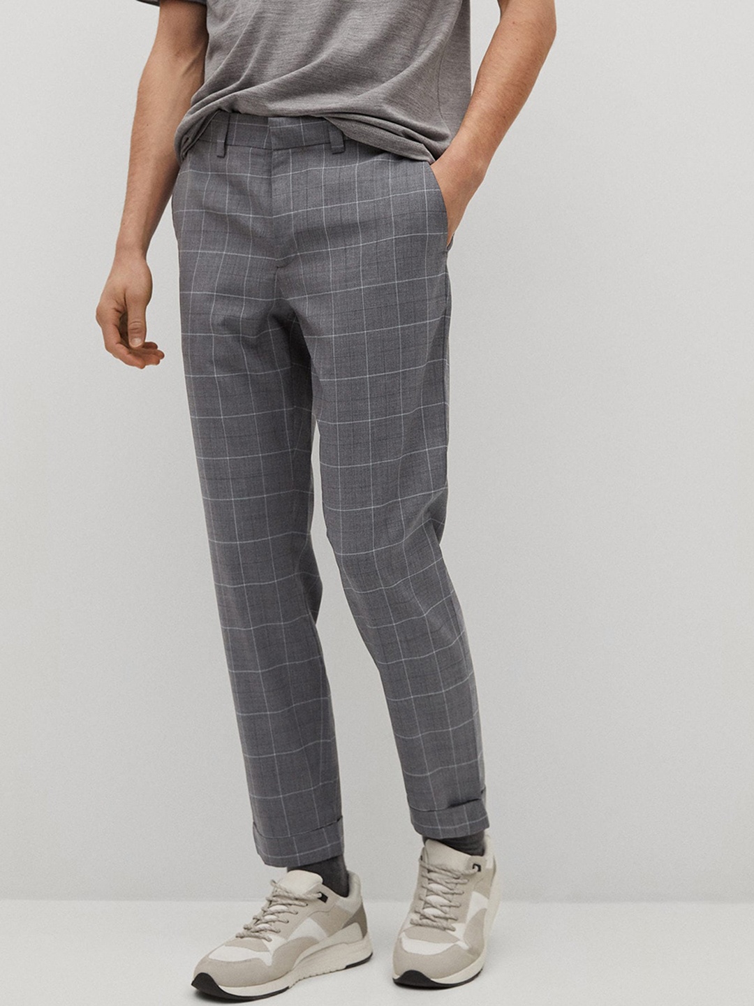 

MANGO MAN Grey & White Checked Performance Trousers