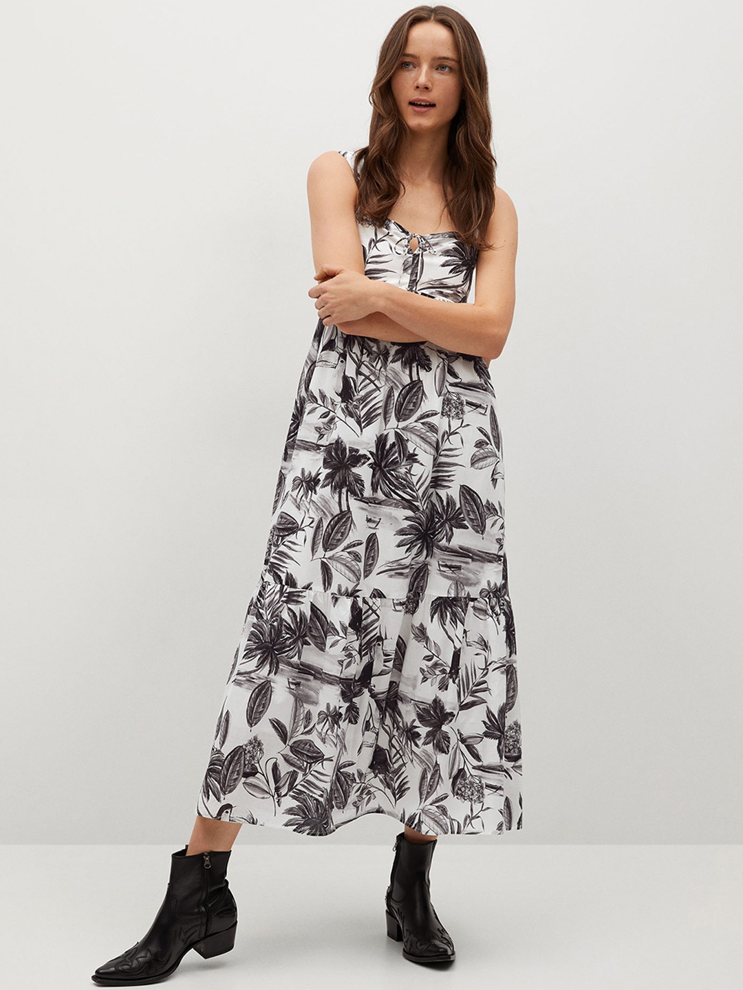 

MANGO Women Black & Off White Pure Cotton Floral Maxi Dress