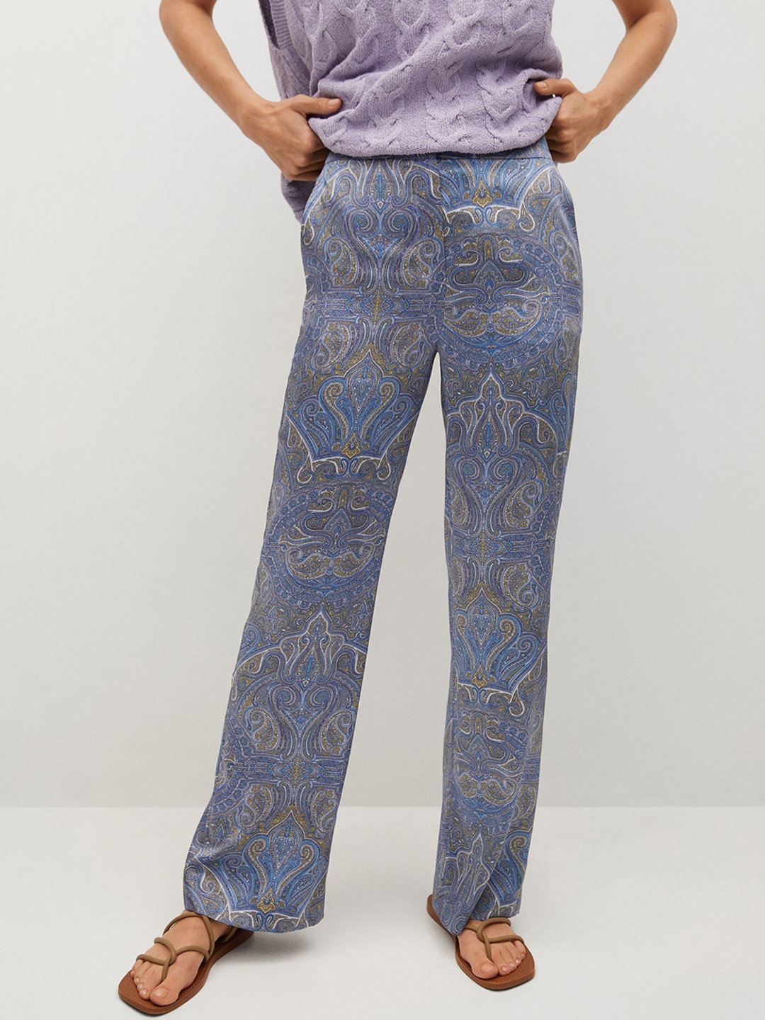 

MANGO Women Blue & Olive Green Sustainable Ethnic Motifs Print High-Rise Parallel Trousers