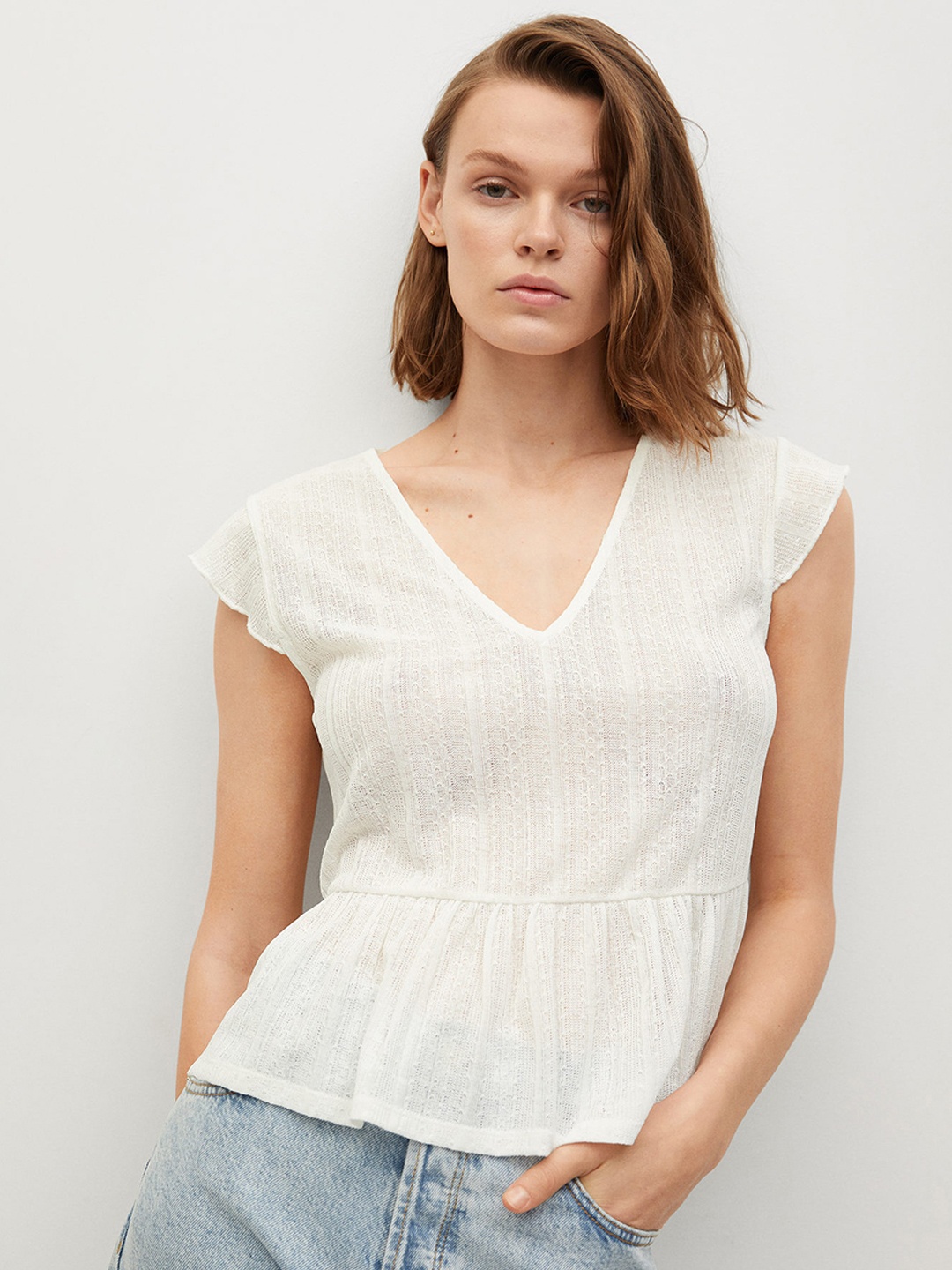 

MANGO White Self Design V-Neck A-Line Sustainable Top