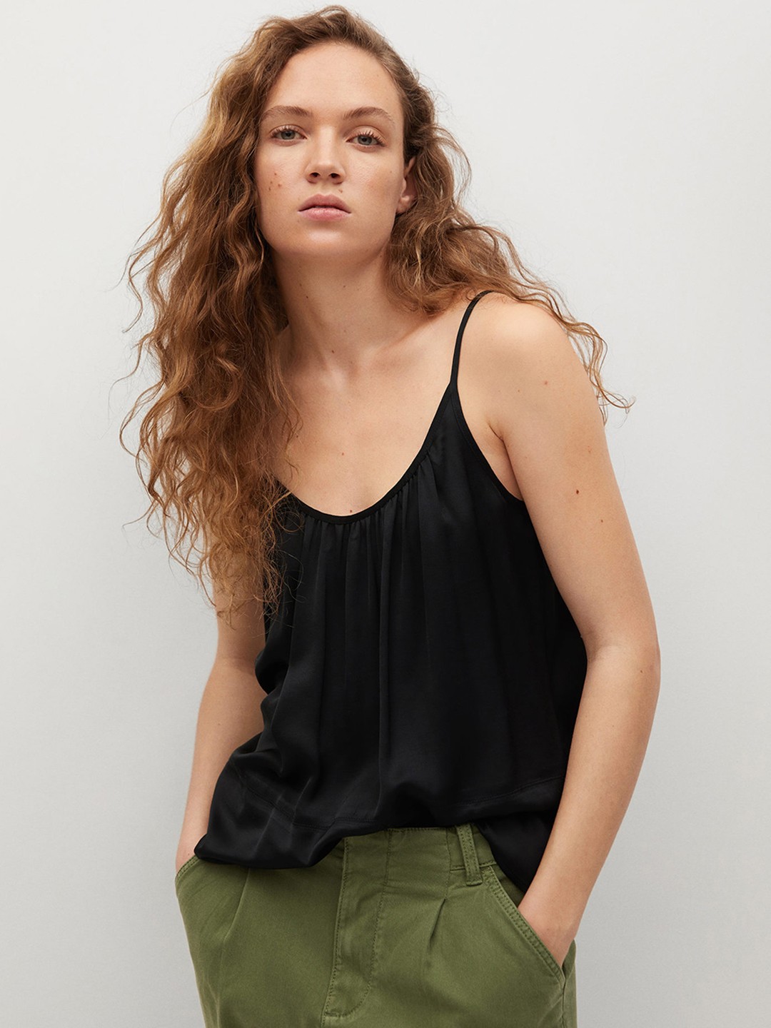 

MANGO Black Solid Sustainable Satin Finish Regular Top