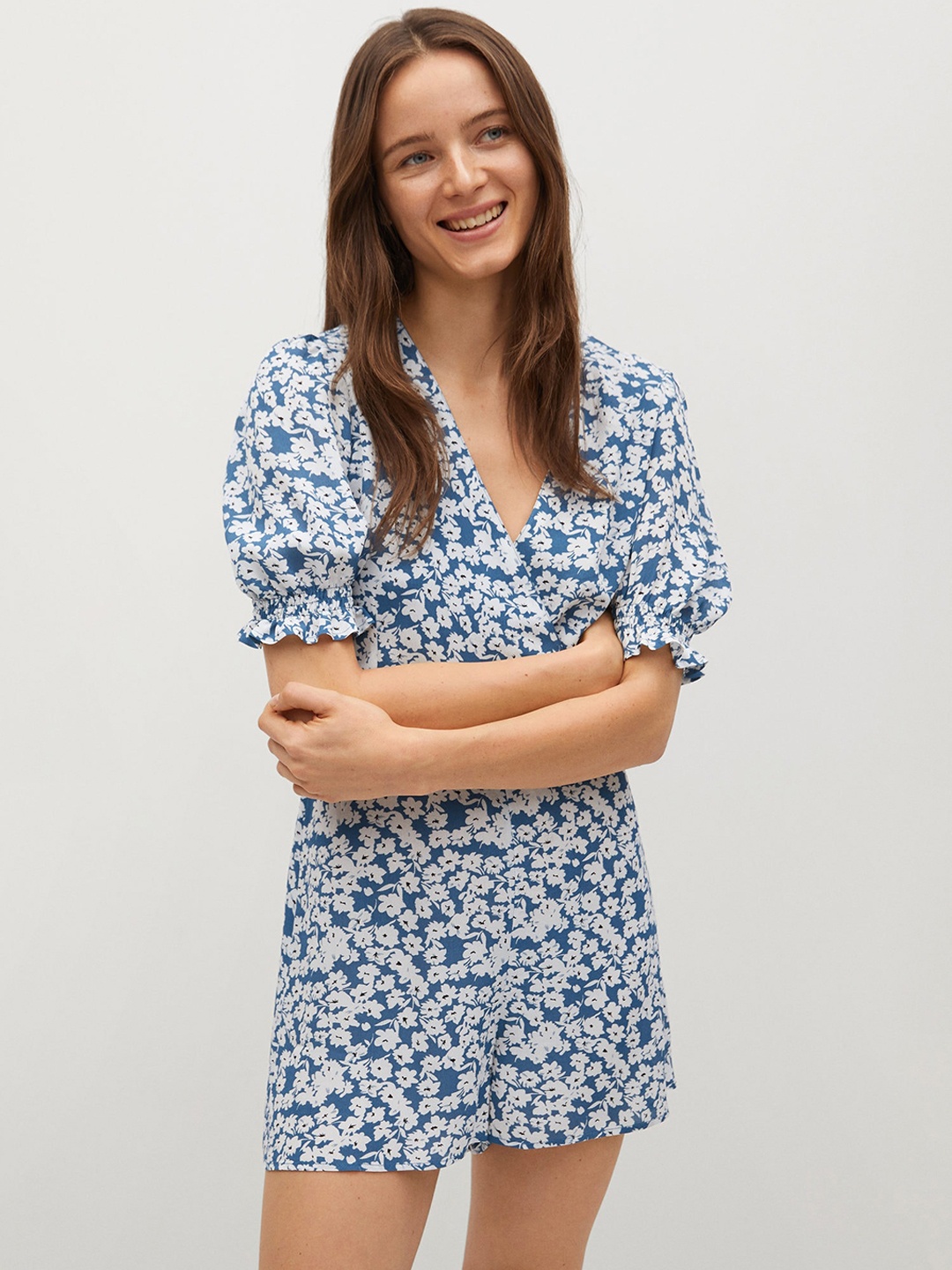 

MANGO Blue & White Floral Printed Playsuit