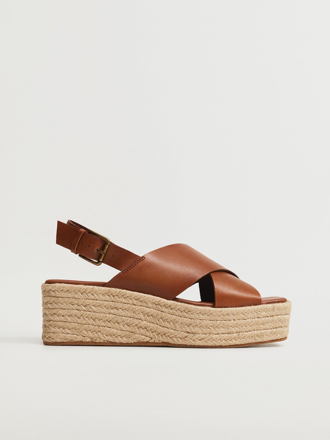

MANGO Women Brown Solid Leather Espadrille Wedges