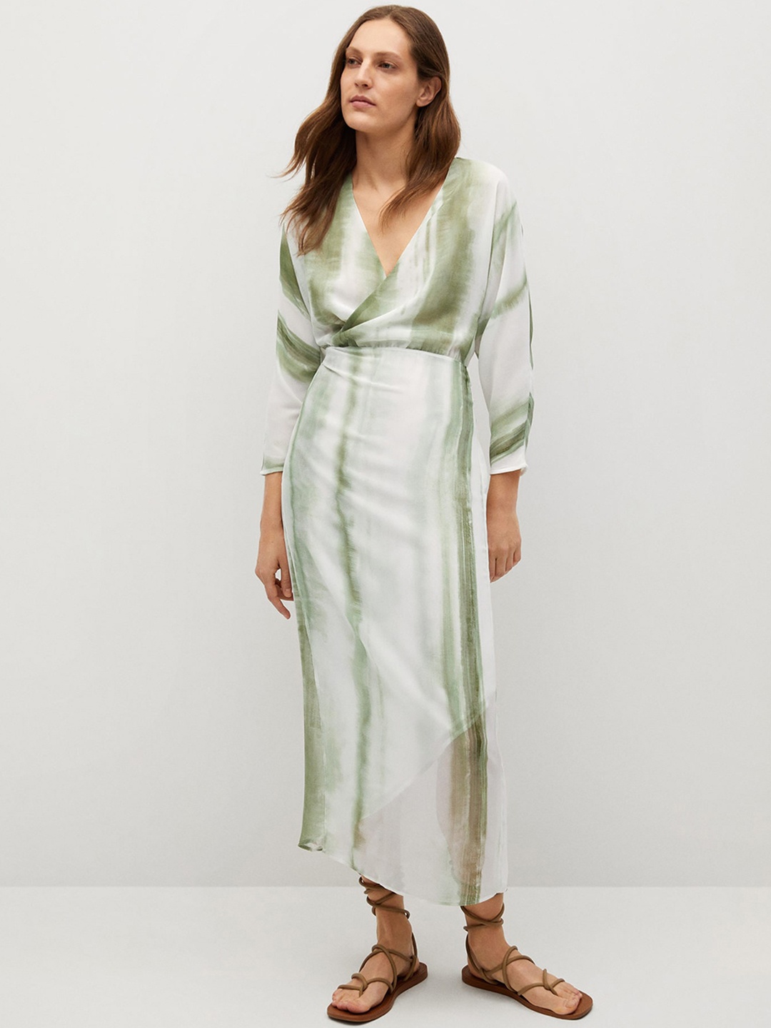 

MANGO White & Green Tie and Dye Sustainable Wrap Midi Dress With Batwing Sleeves
