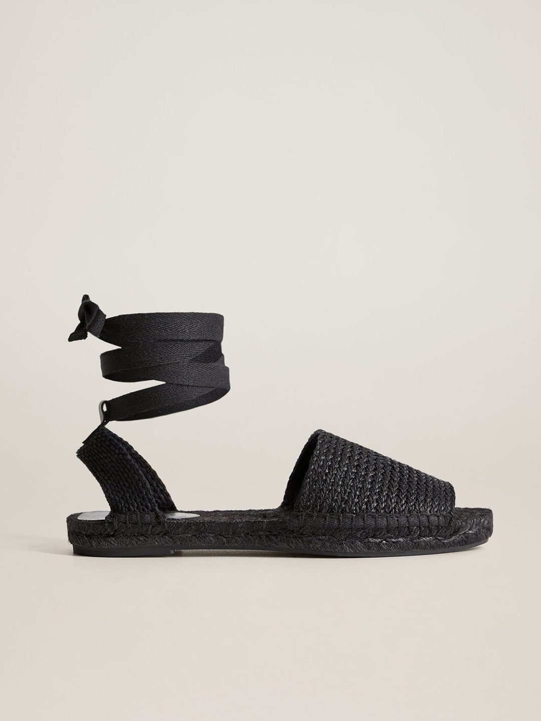 

MANGO Women Black Basket Weave High Top Tie- Up Open Toe Flats
