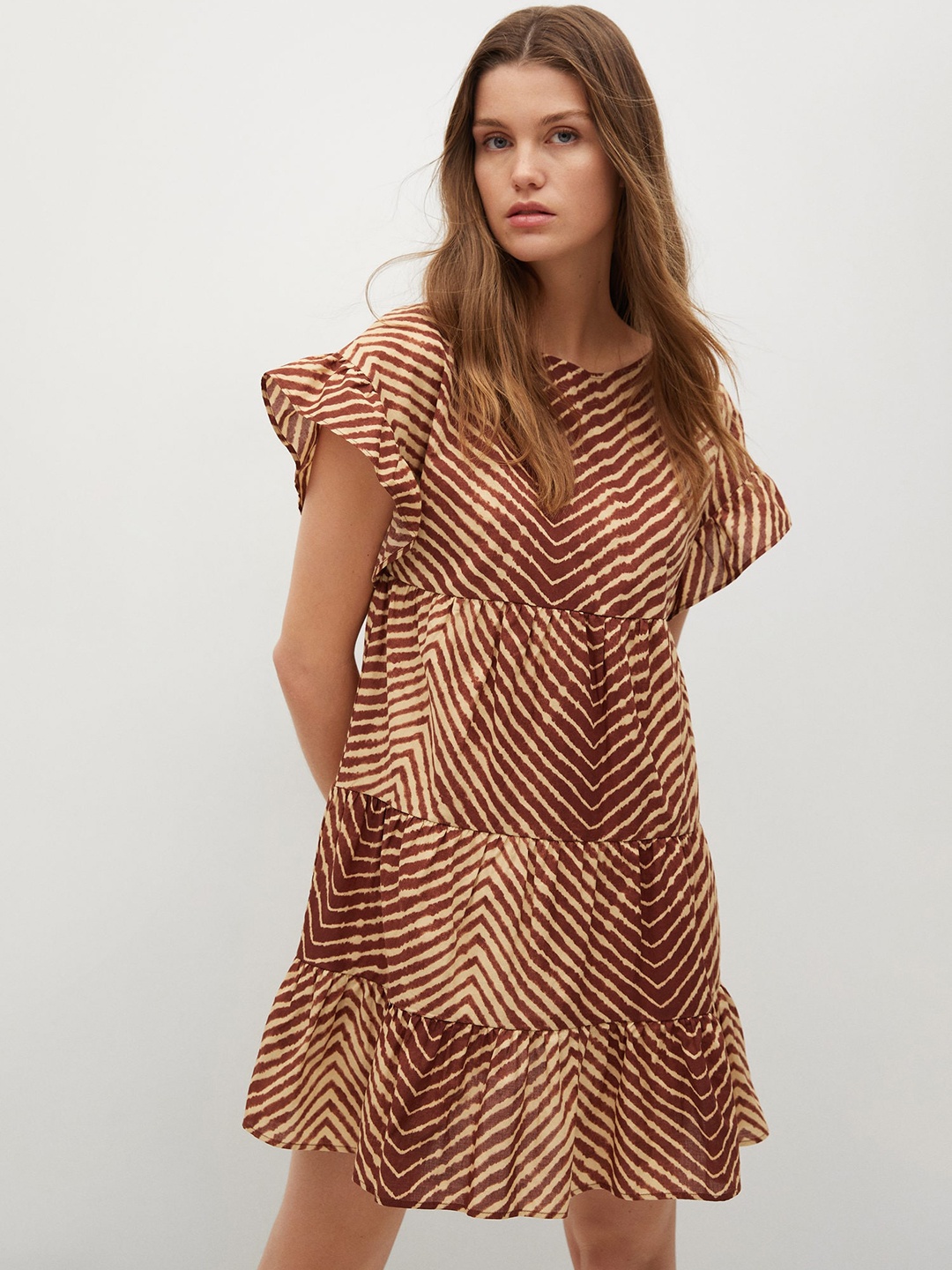 

MANGO Women Beige & Brown Pure Cotton Shift Mini Dress