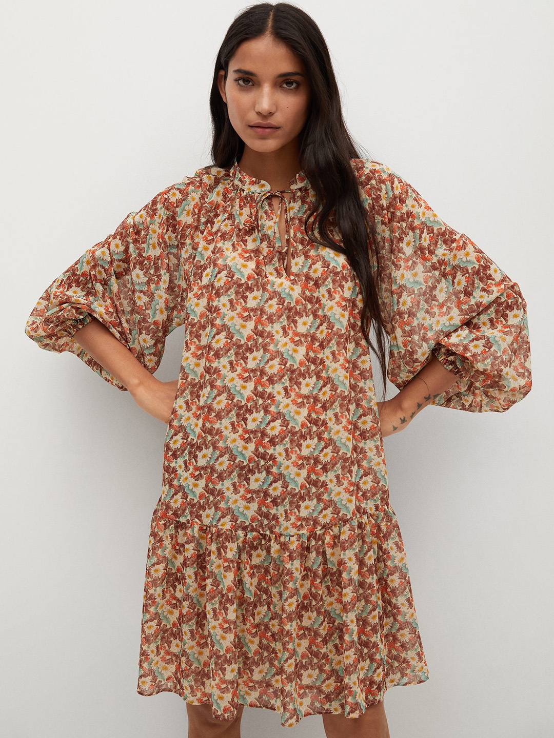 

MANGO Women Off White & Brown Floral Tie-Up Neck Shift Dress