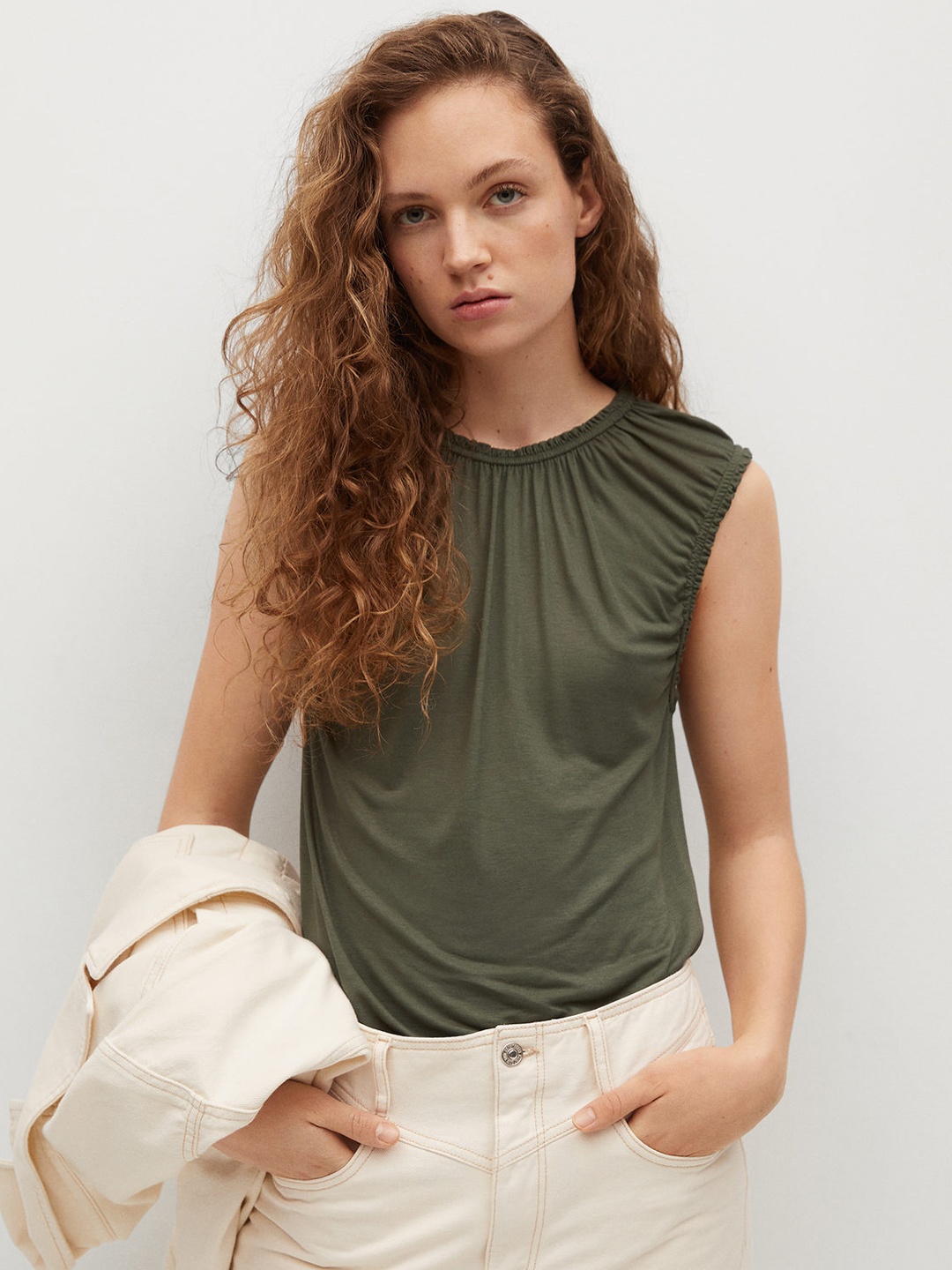 

MANGO Olive Green Gathered Detail Regular Top