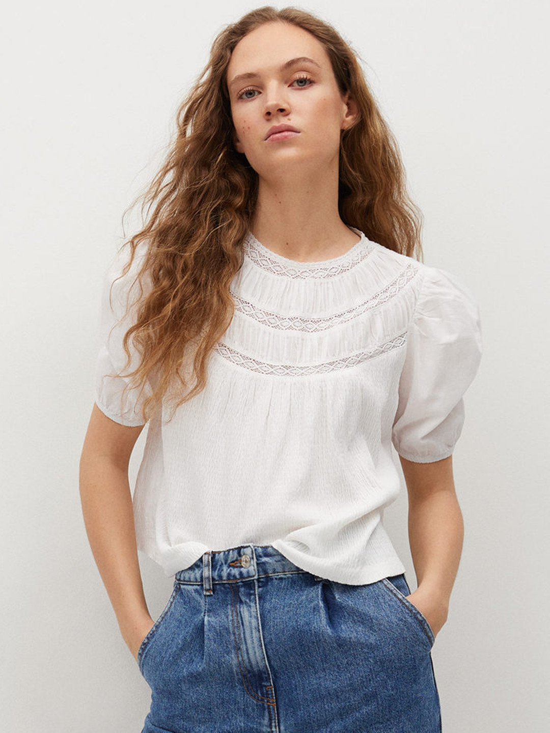 

MANGO White Organic Cotton Puff Sleeve Regular Top