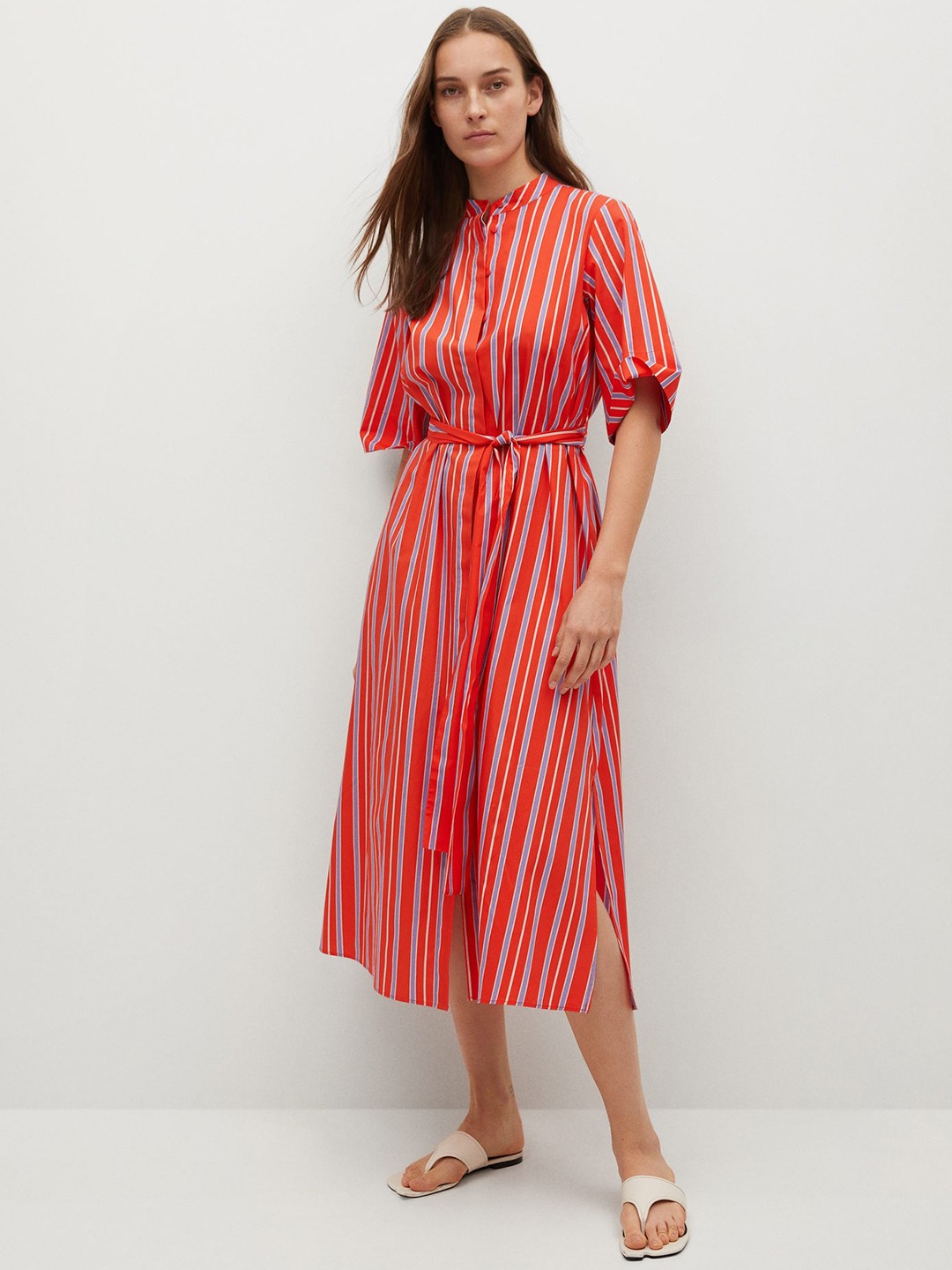 

MANGO Women Orange & Blue Pure Cotton Striped Shirt Midi Dress
