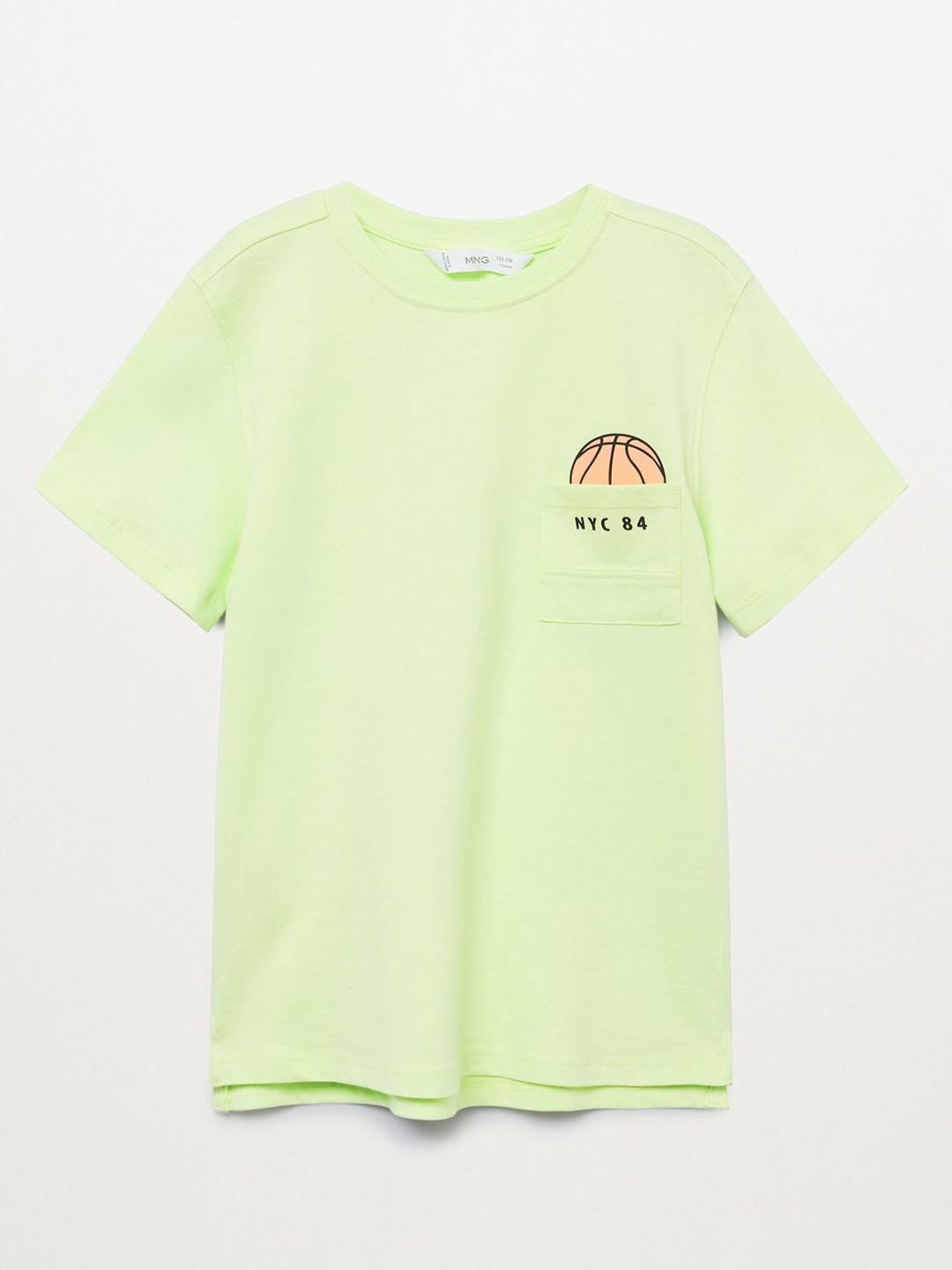 

Mango Kids Boys Lime Green & Orange Sustainable T-shirt with Basket Ball Print Detail