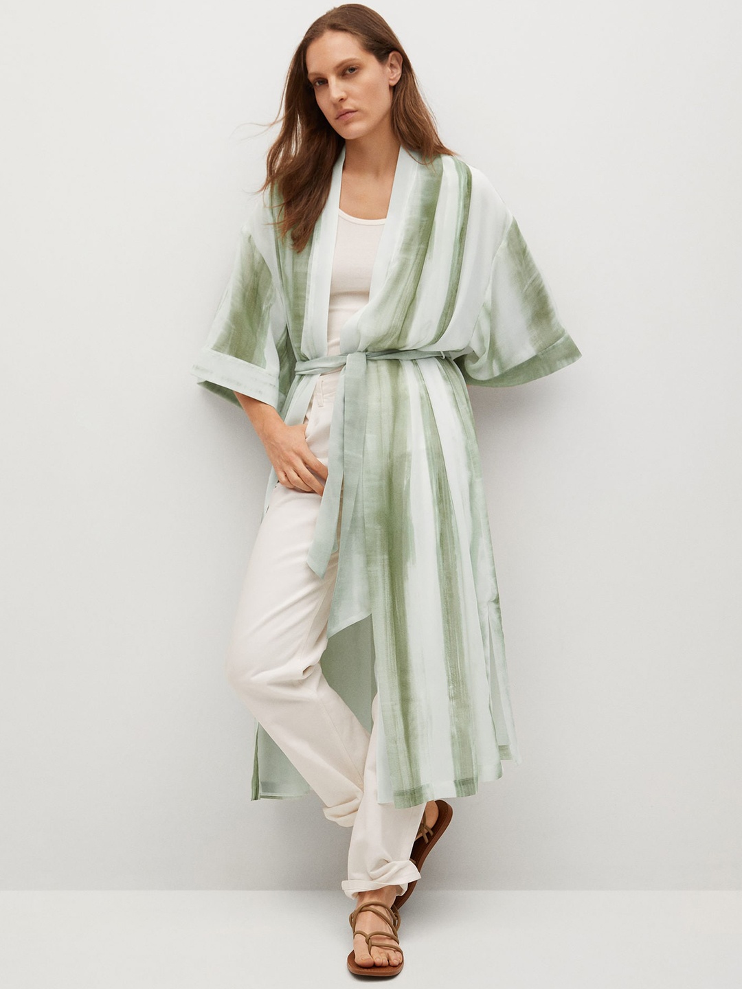 

MANGO Women Green & White Sustainable Tie & Die Longline Tie-Up Shrug